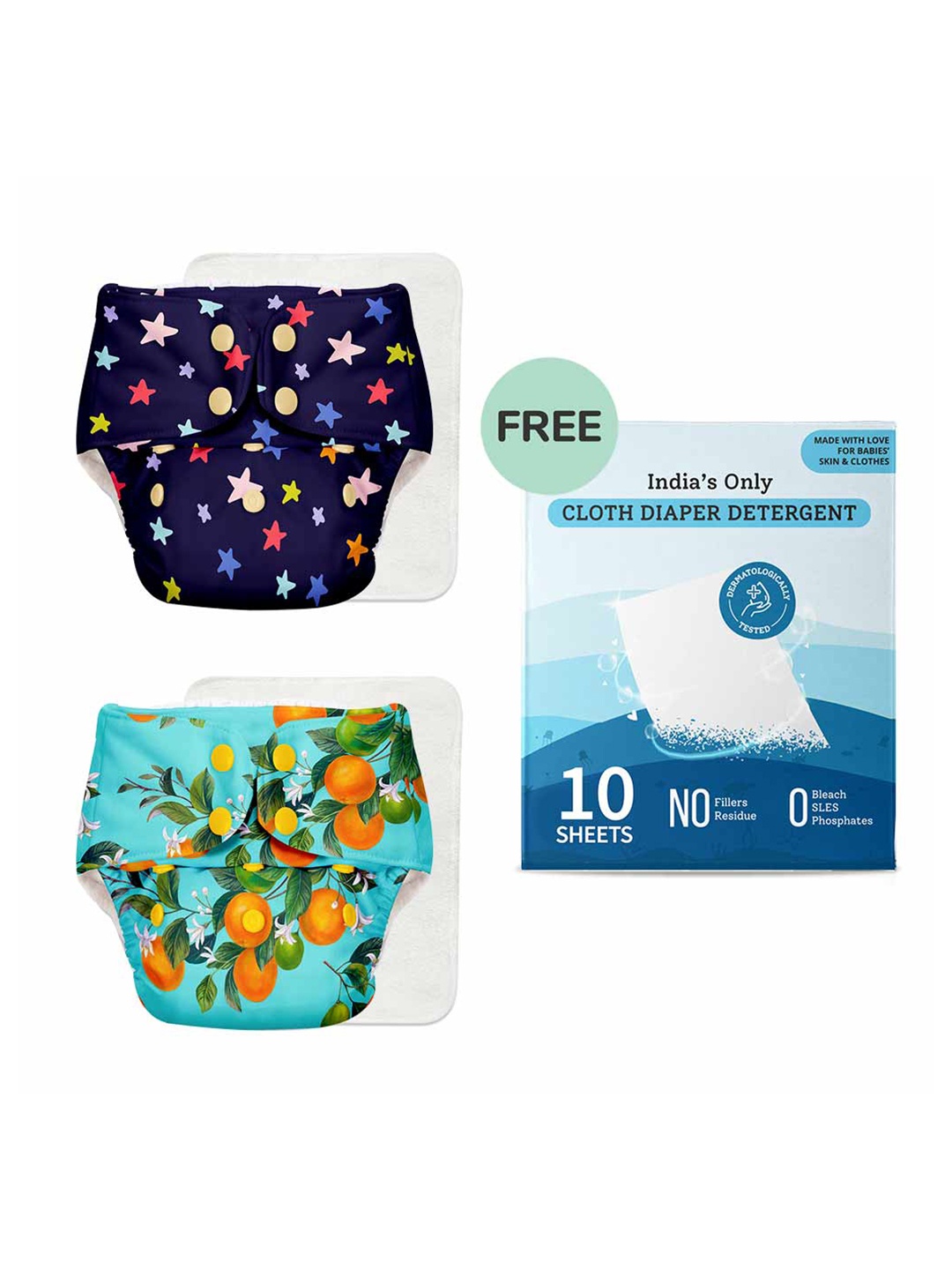 

SuperBottoms Infants Set of 2 Printed Reusable Cotton Cloth Diapers & 10 Detergent Sheets, Navy blue