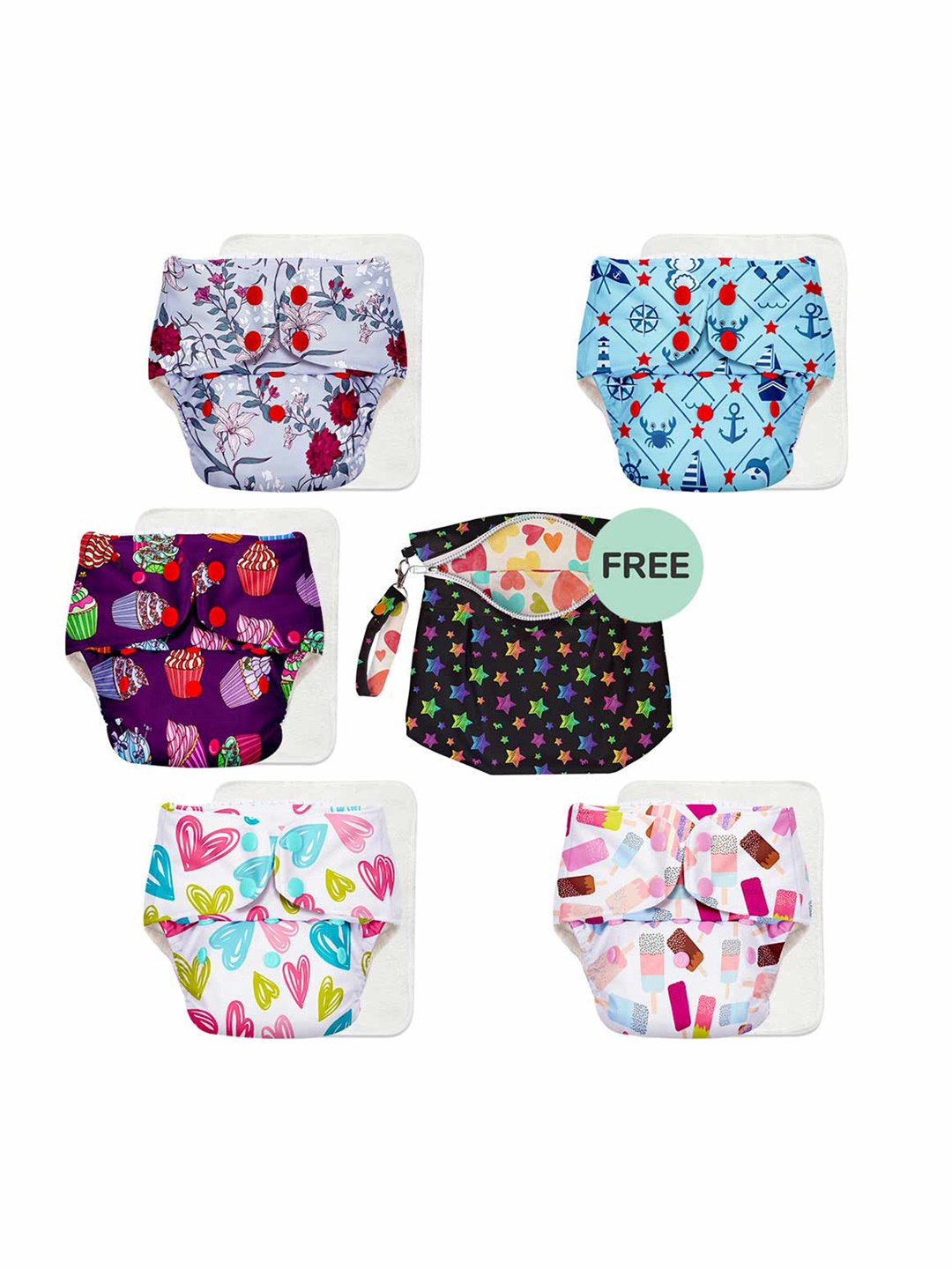 

SuperBottoms Infants Set of 5 Printed Sustainable Reusable Cotton Cloth Diapers with Free Diaper Bag, Blue