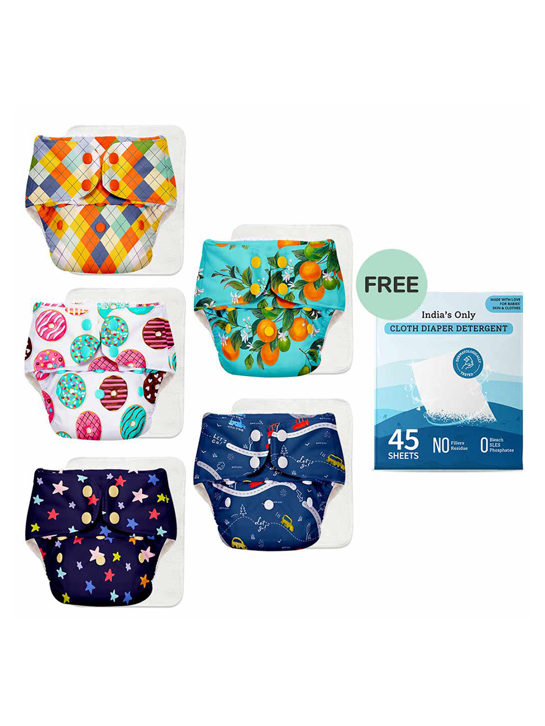 

SuperBottoms Kids Set of 5 Sustainable Diapers with Diaper Detergent, Multi