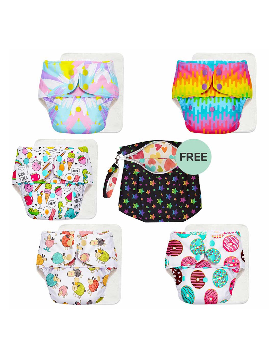

SuperBottoms Kids Set of 5 Diapers with Pouch, Multi