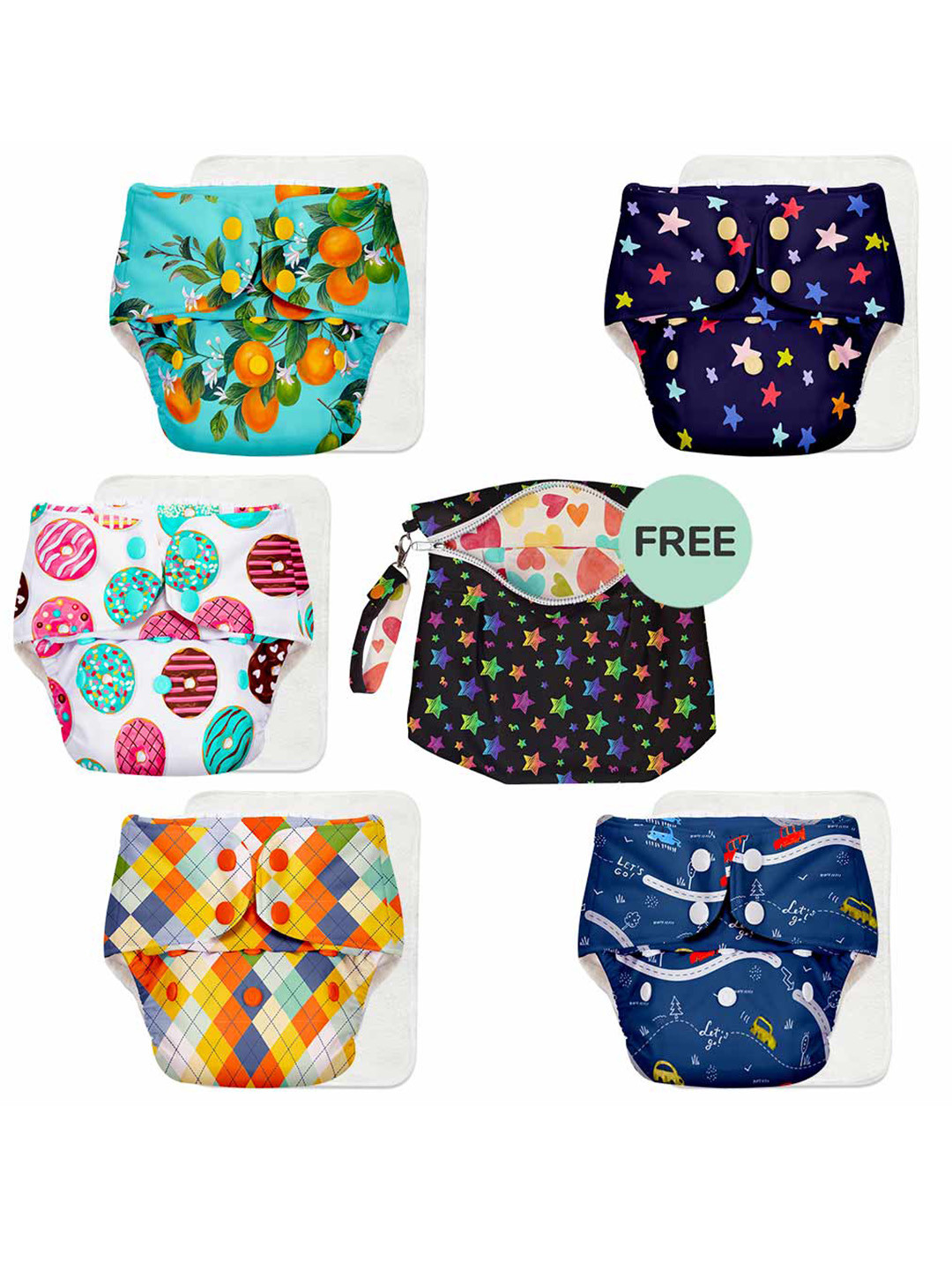 

SuperBottoms Infants Set of 5 Printed Sustainable Reusable Cotton Cloth Diapers with Free Diaper Bag, Multi