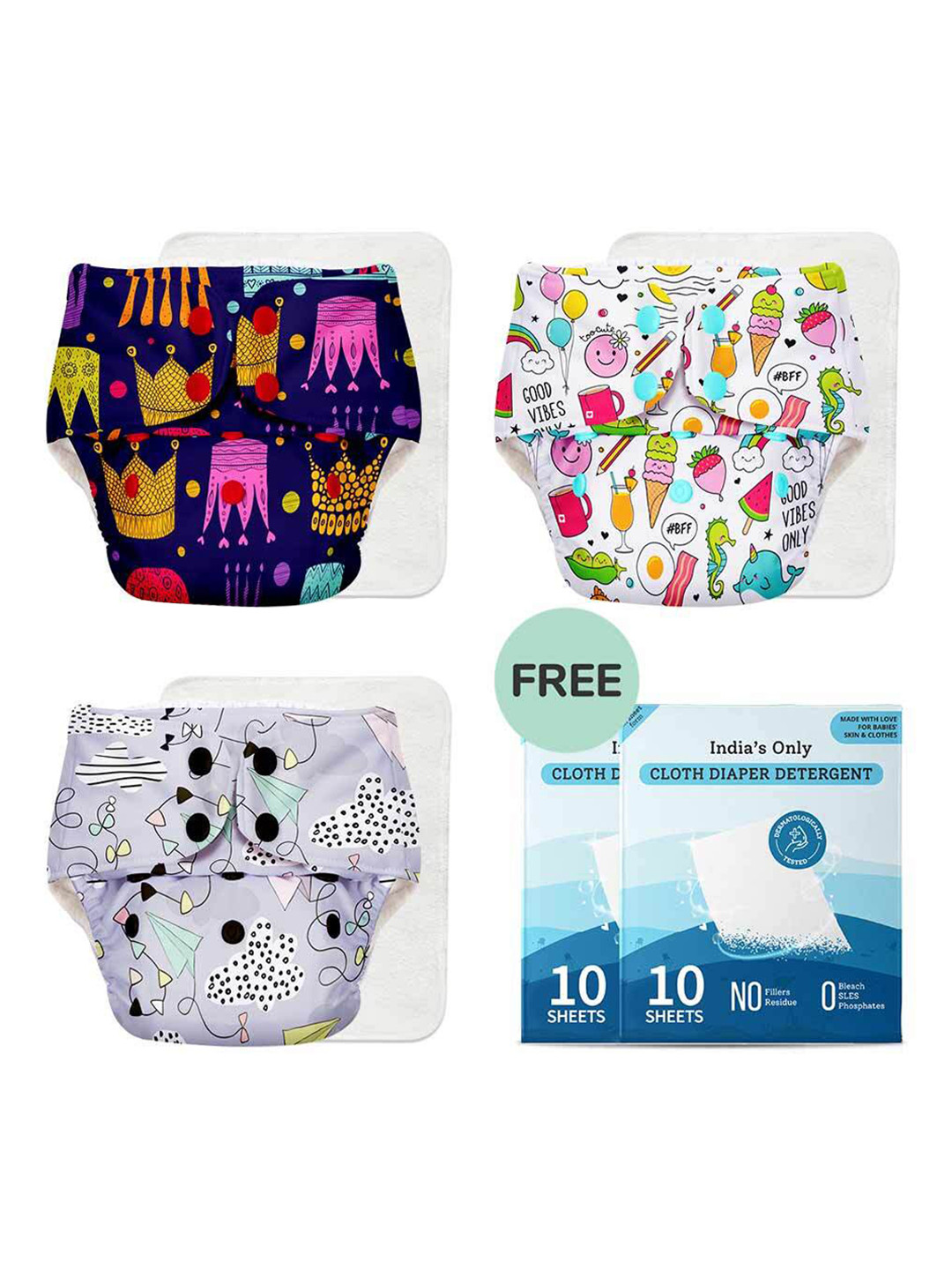 

SuperBottoms Infants Set of 3 Printed Sustainable Reusable Cotton Cloth Diapers & 20 Detergent Sheets, Navy blue