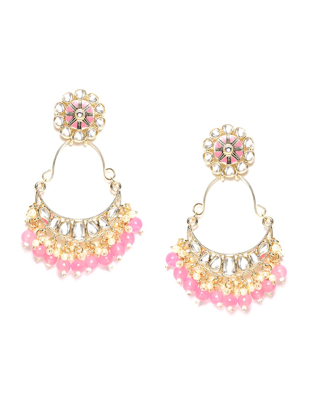 

WISHFUL Pink & Gold-Toned Crescent Shaped Kundan Studded Enamelled Chandbalis Earrings