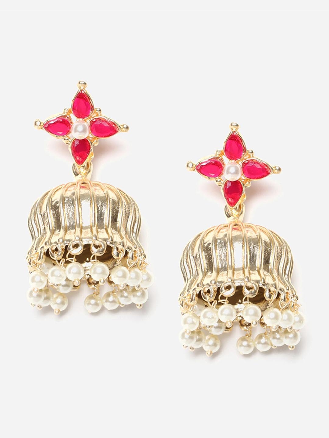 

WISHFUL Red & Gold-Toned Dome Shaped Jhumkas Earrings
