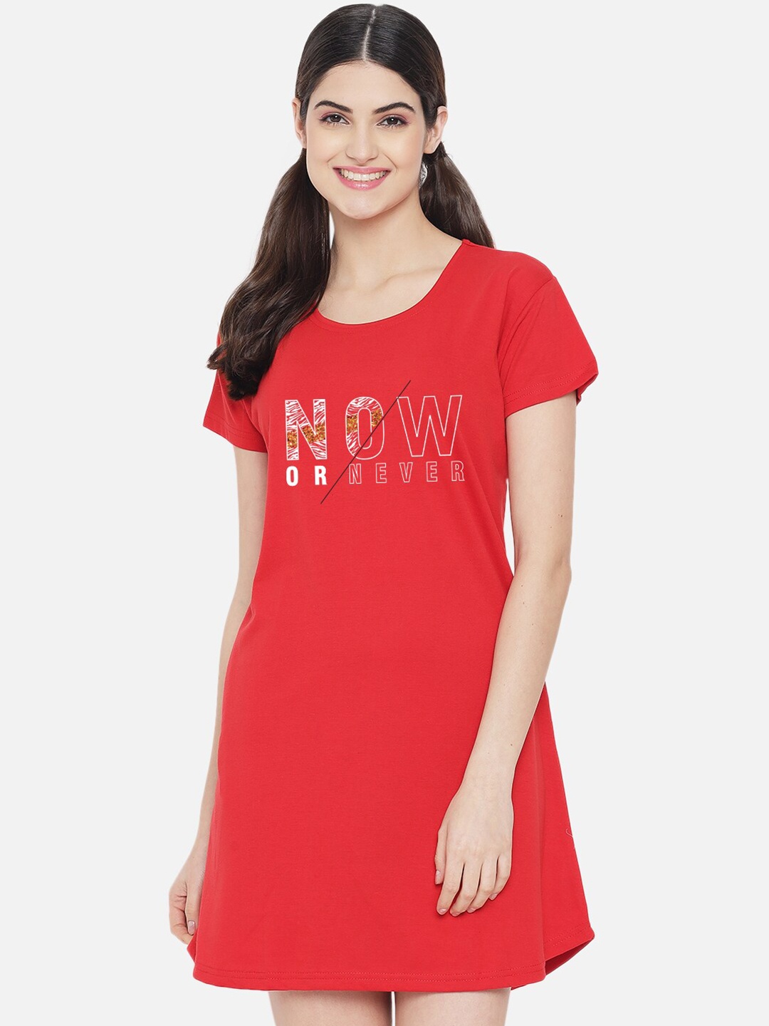 

FFLIRTYGO Red Printed T-shirt Nightdress