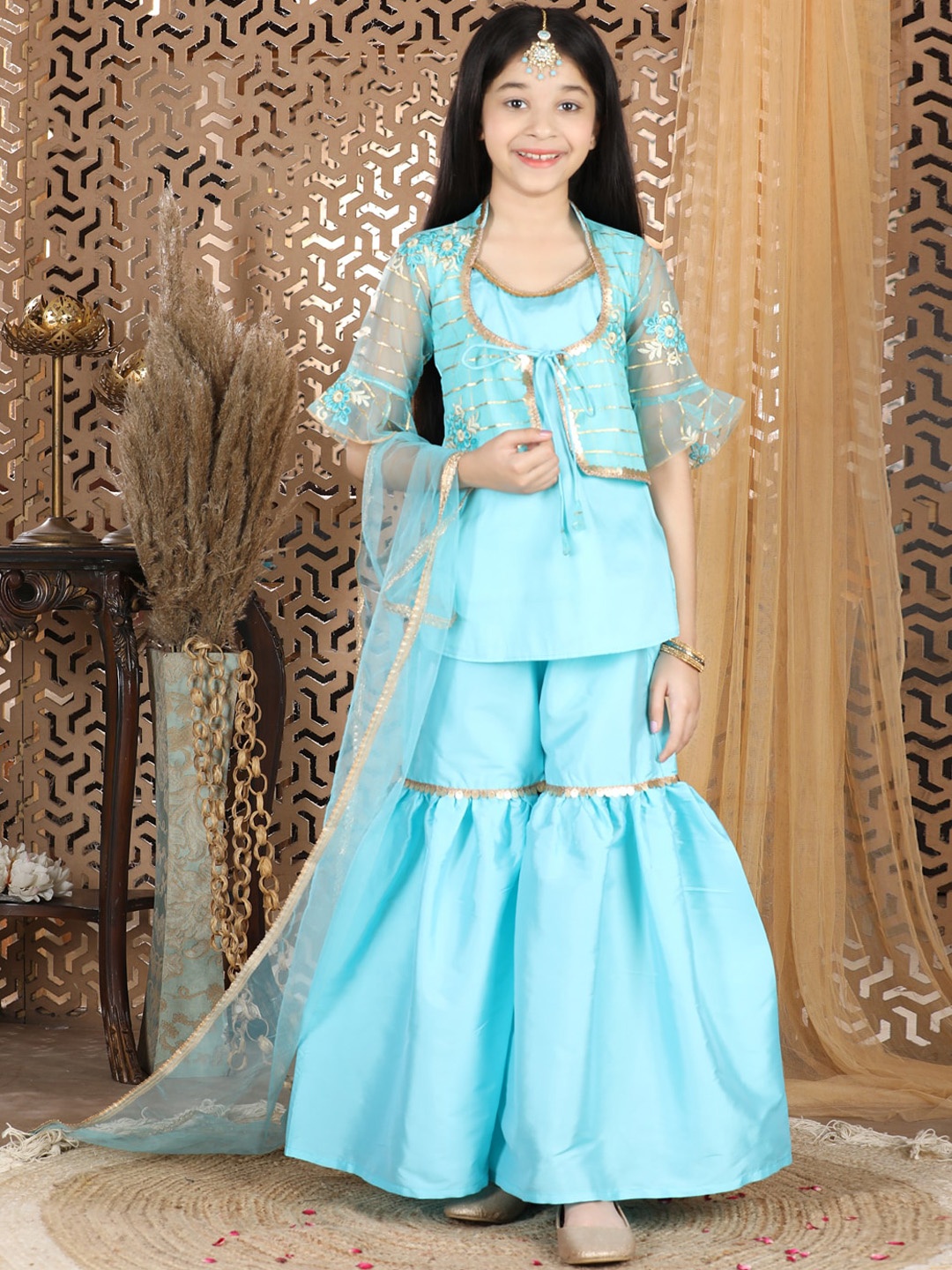 

Cutiekins Turquoise Blue Jacket Kurta with Sharara & Dupatta Set