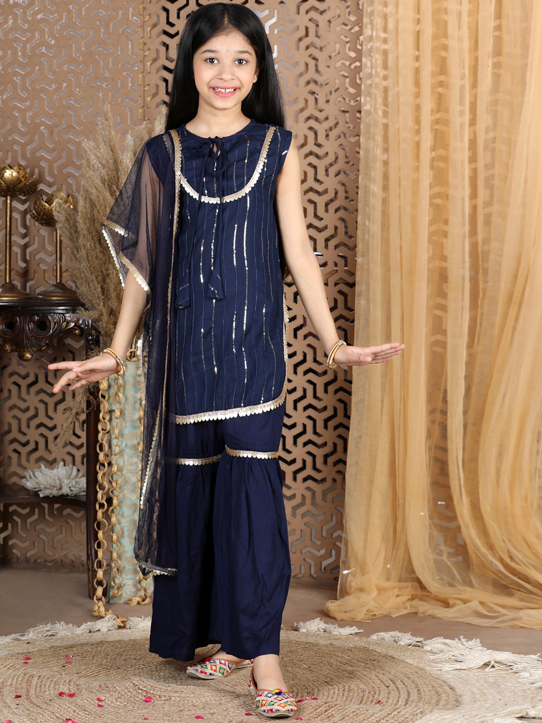 

Cutiekins Girls Navy Blue Sequinned Kurta with Sharara & With Dupatta
