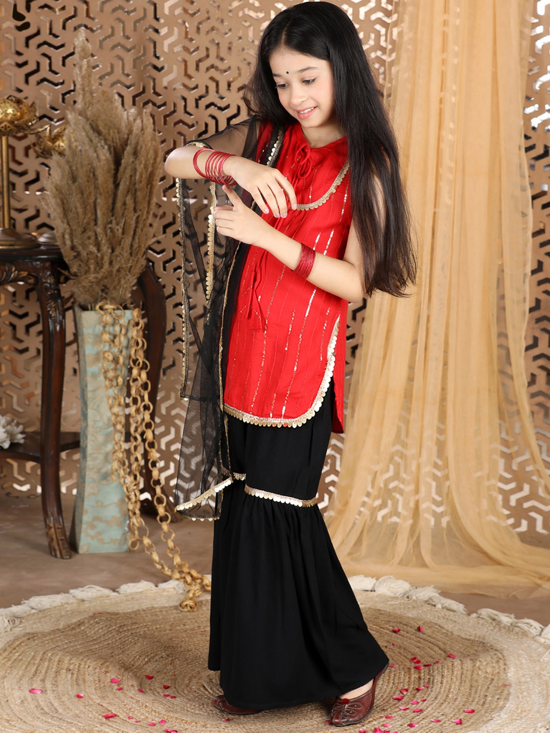 

Cutiekins Girls Red Striped Sequinned Kurti with Sharara & With Dupatta