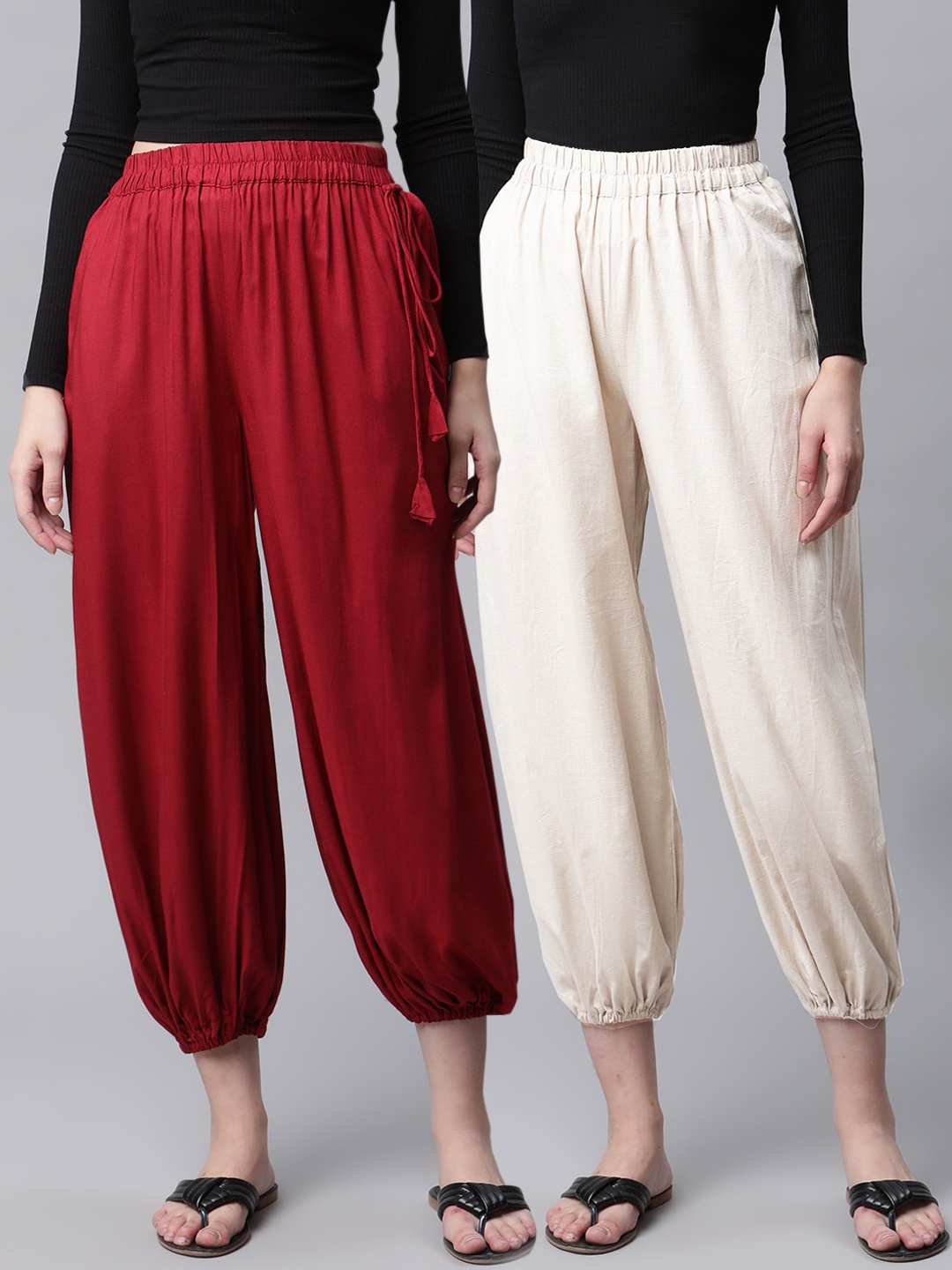 

Molcha Women Pack Of 2 Solid Pure Cotton Loose Fit Afghani Salwars, White