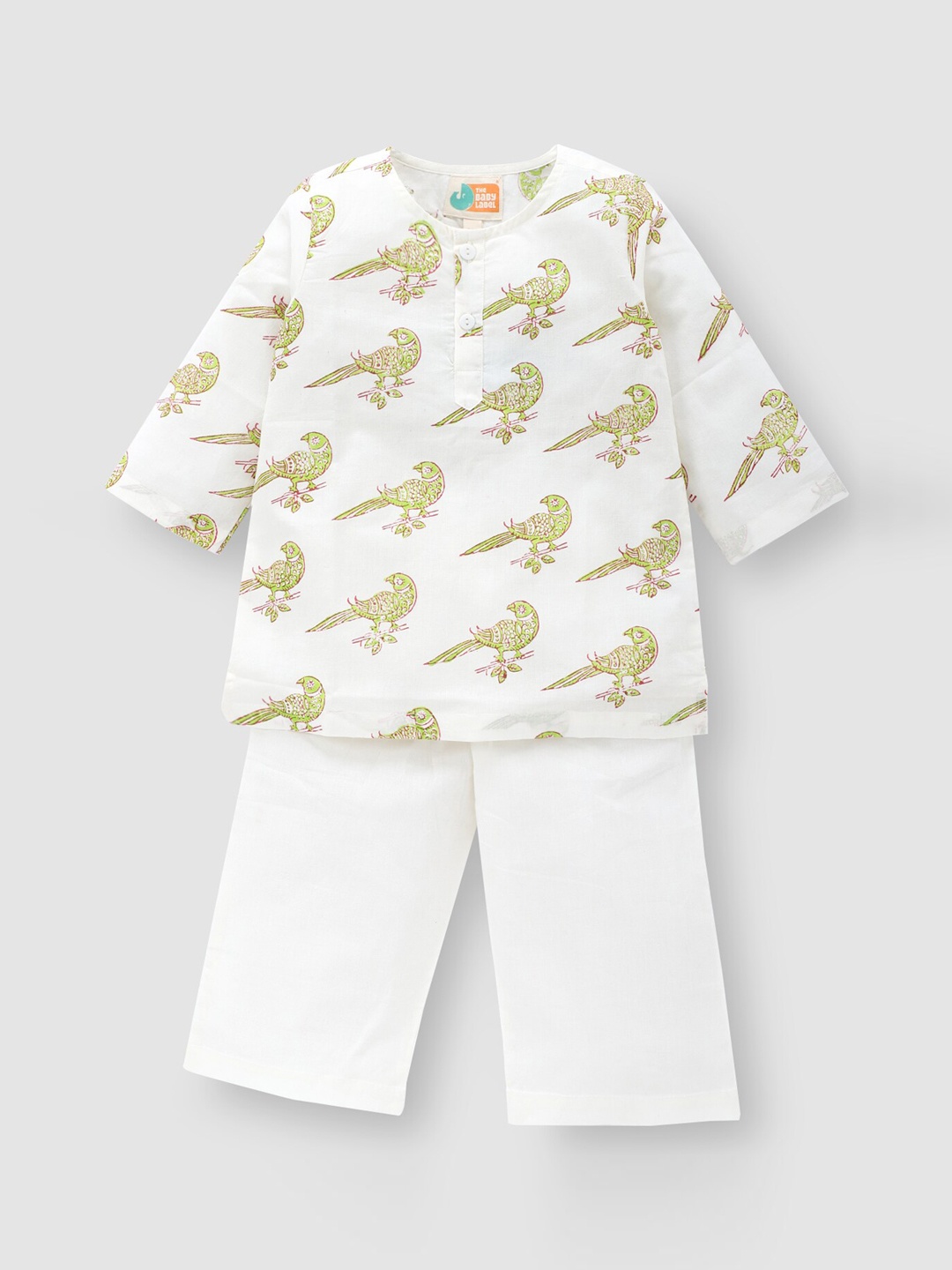 

THE BABY LABEL Kids Green Pure Cotton Hidustani Tota Hand-Block Printed Kurta Pyjama Set