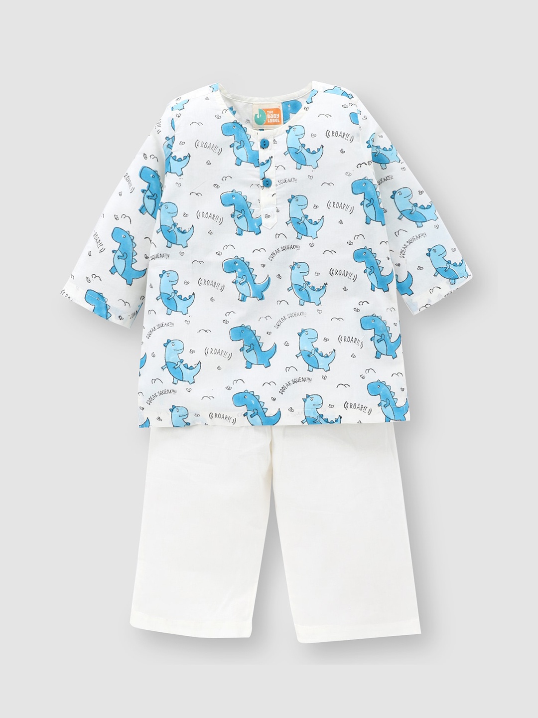 

THE BABY LABEL Unisex Kids Blue Pure Cotton Animal Graphics Leo the Dino Hand-Block Print Kurta Pyjama Set