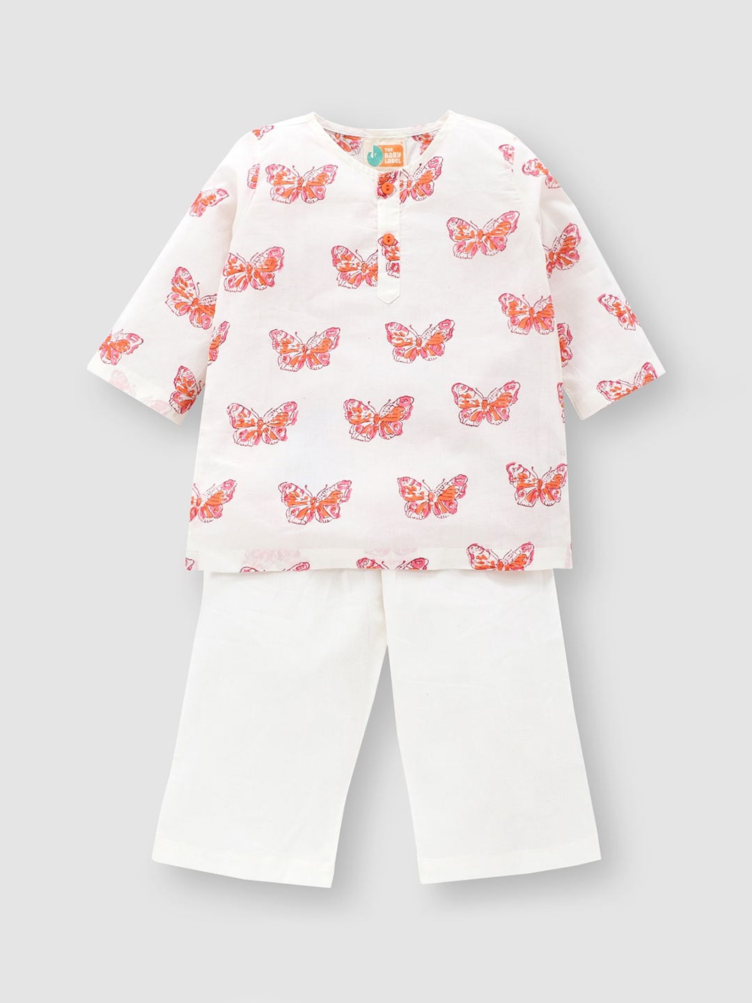 

THE BABY LABEL Kids Pink & Orange Pure Cotton Titli Udi Hand-Block Print Kurta Pyjama Set