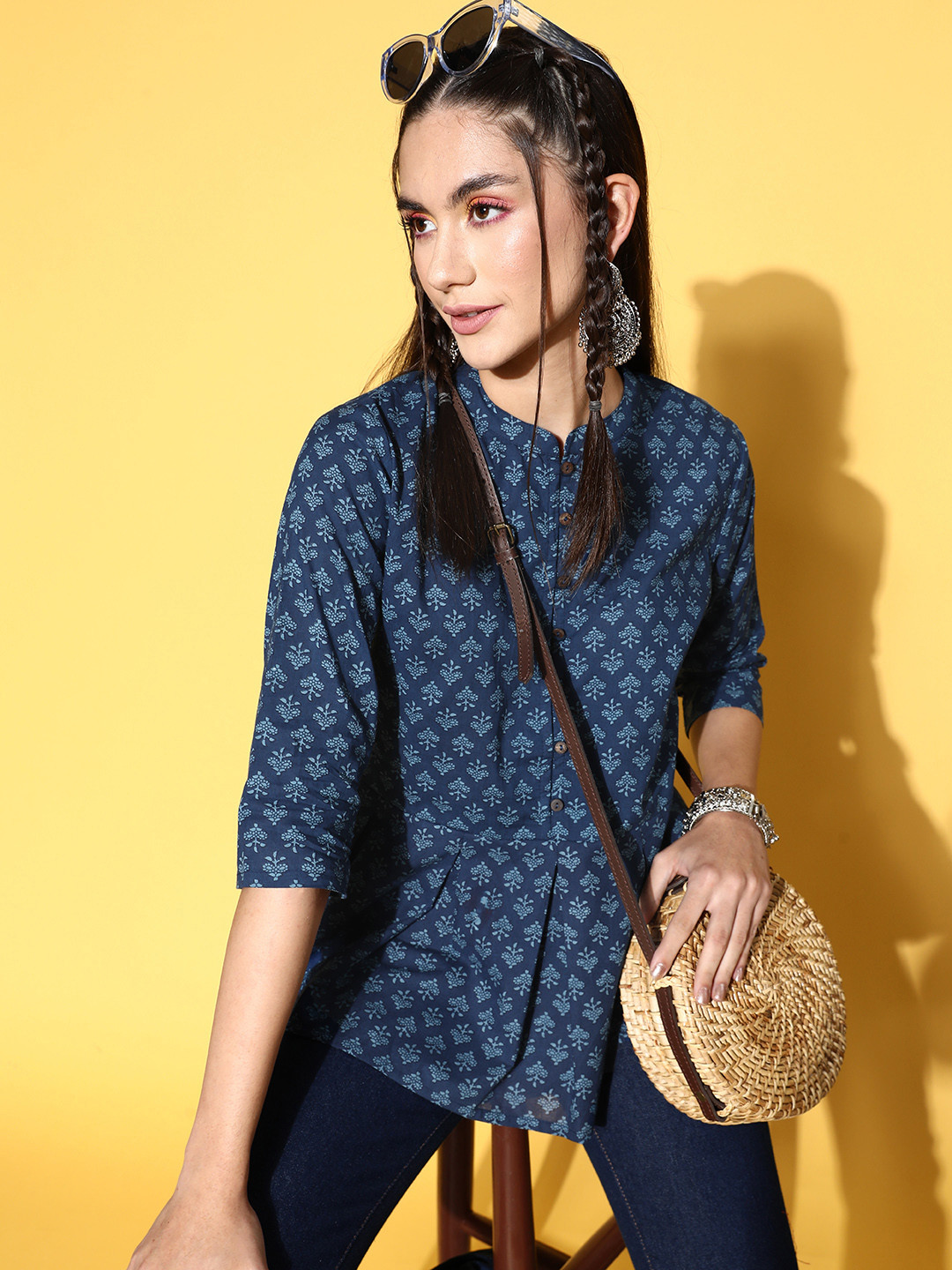 

ZOLA Women Pretty Navy Blue Cotton Print Parade Tunic