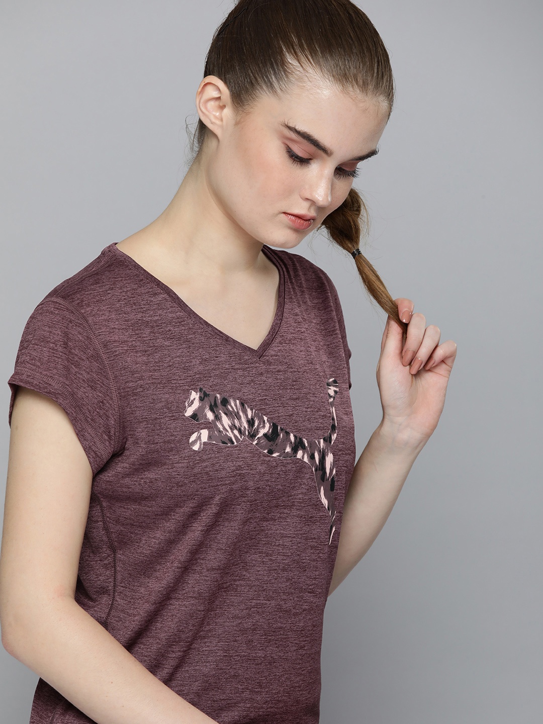

Puma Women Burgundy Brand Logo Printed dryCELL Train Fav Heather Cat T-shirt