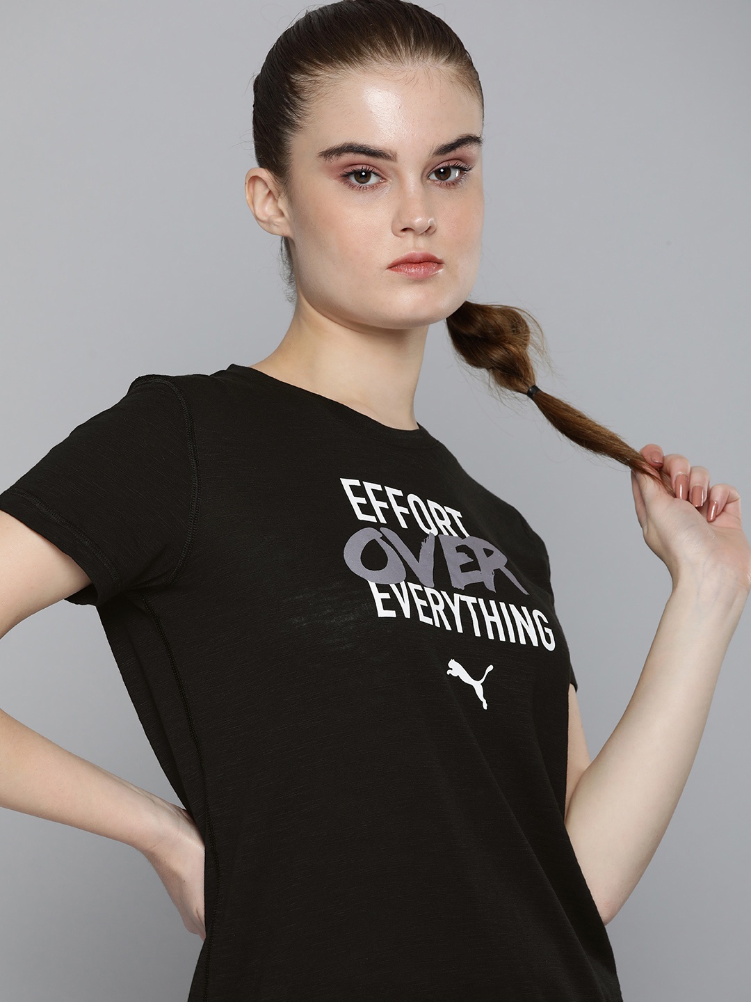 

Puma Women Black Typography Print dryCELL Performance Slogan SS REC Training T-shirt
