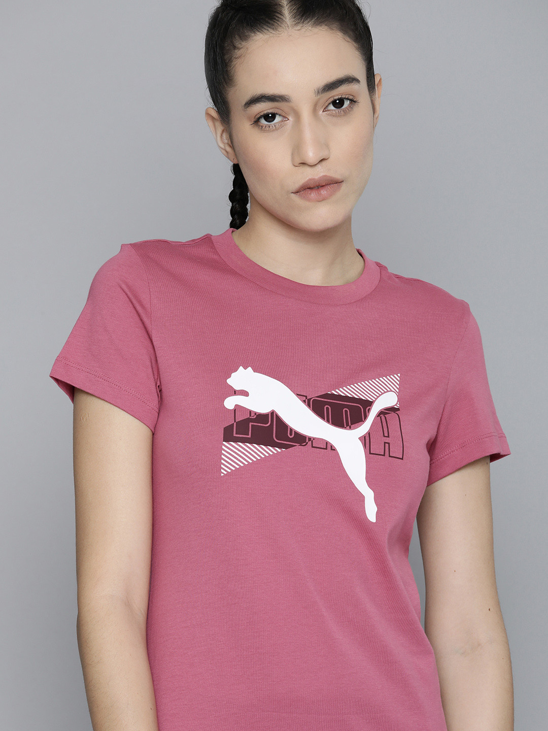 

Puma Women Power Graphic Brand Logo Print Pure Cotton Knitted Regular Fit T-Shirt, Mauve