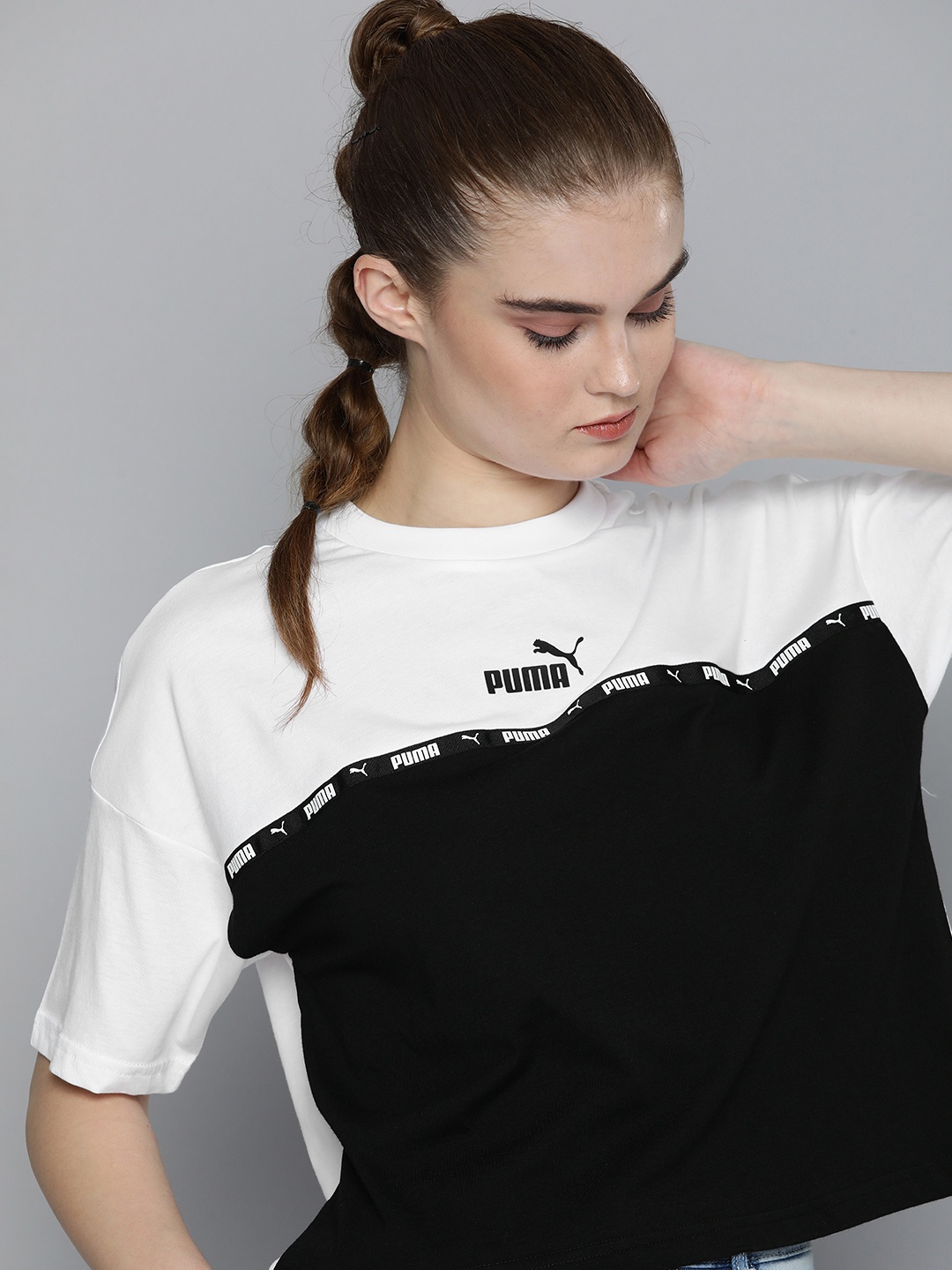 

Puma Women White & Black Colourblocked Drop-Shoulder Sleeves Power Tape Boxy T-Shirt