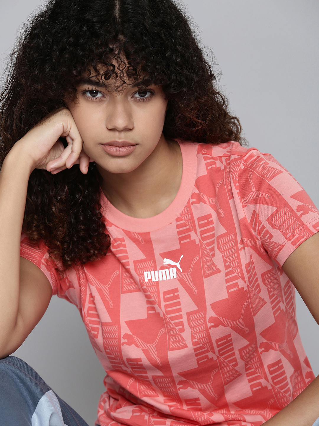 

Puma Women Regular Fit Power AOP Brand Logo Printed T-shirt, Peach