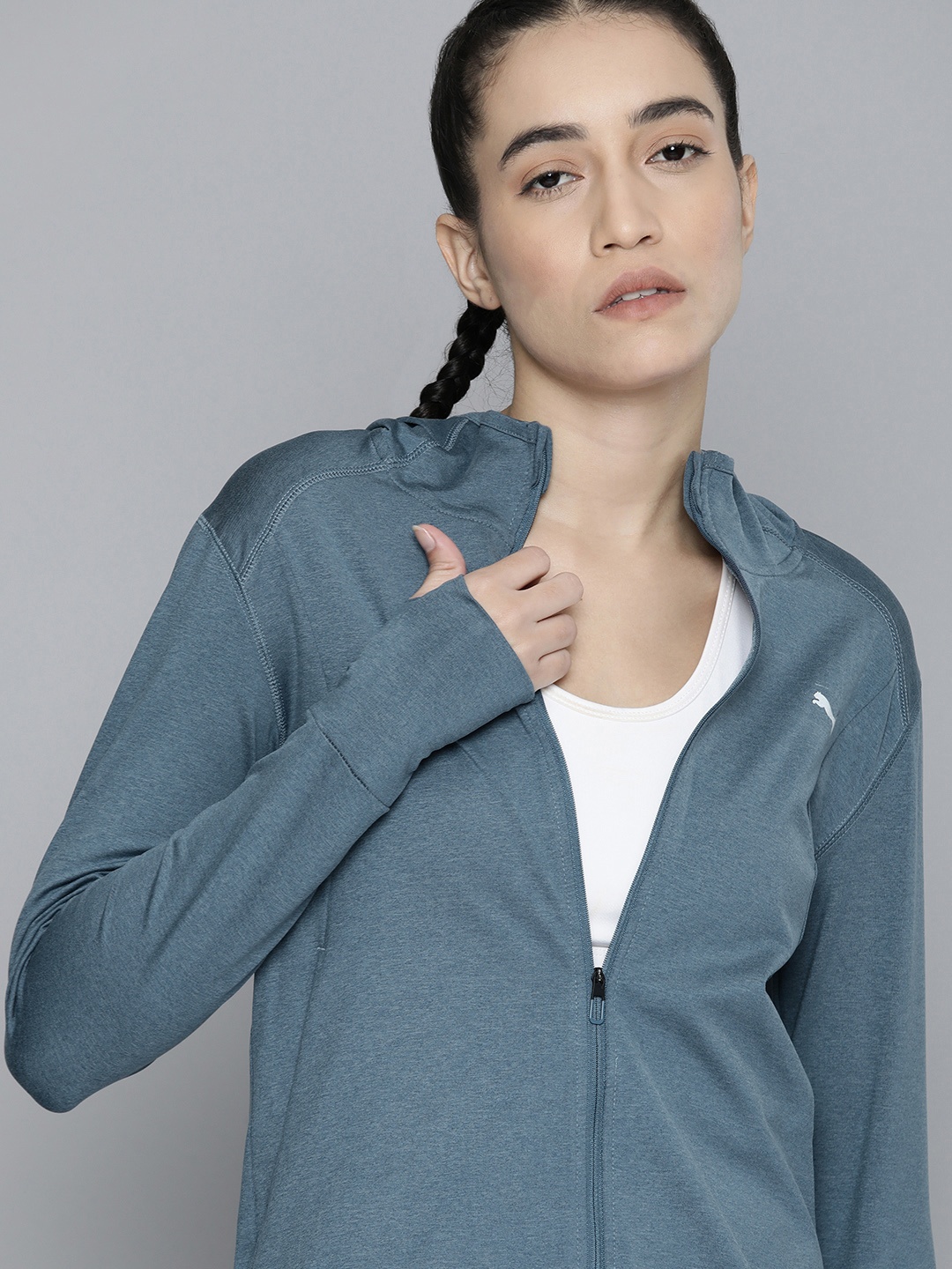 

Puma Women Blue Melange Solid Cloudspun Full Zip Hooded Training Jacket