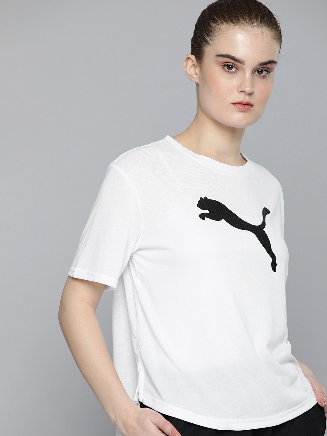 

Puma Women White Brand Logo Drop-Shoulder Sleeves Day In Motion Relaxed Fit T-Shirt