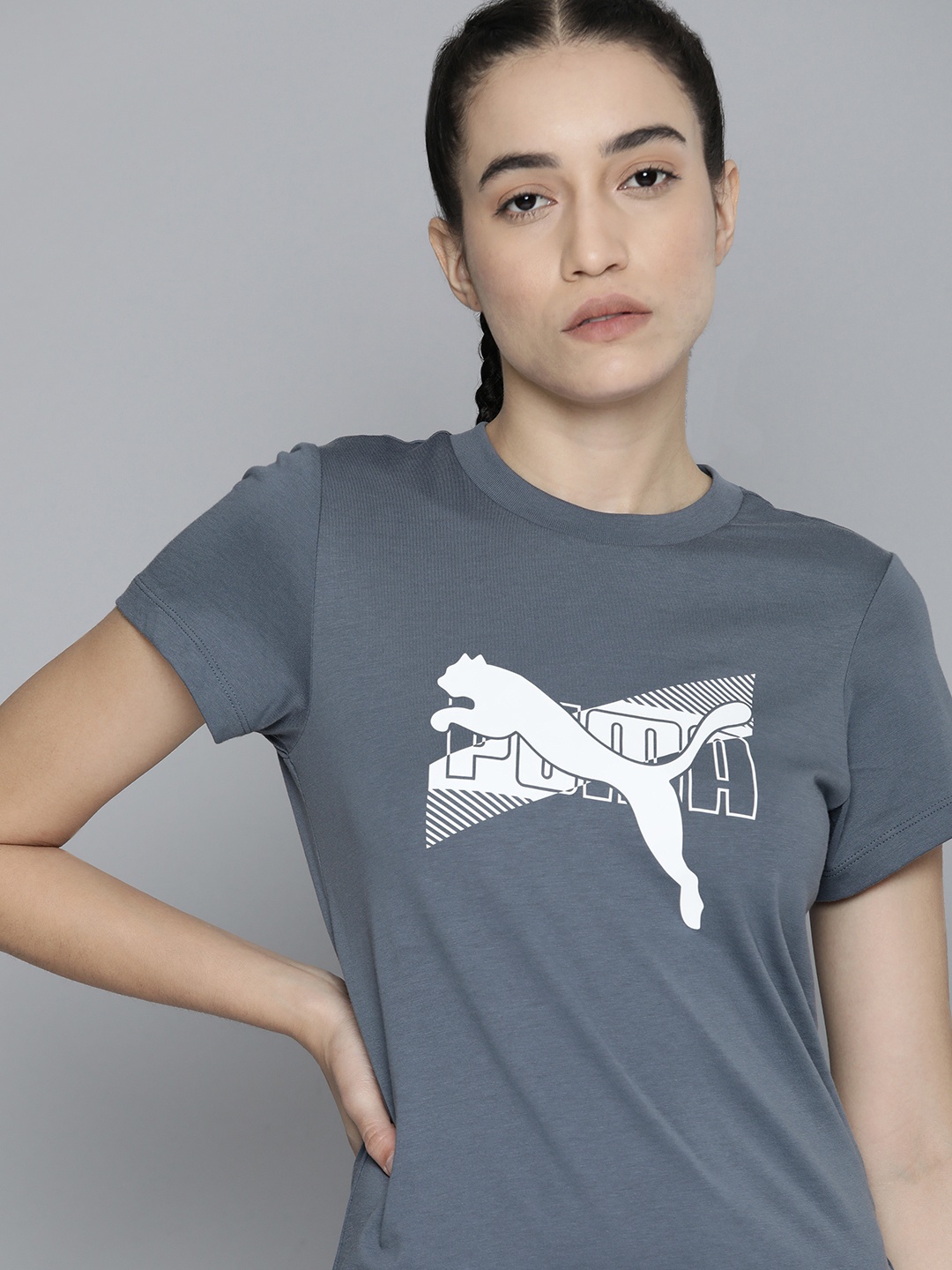 

Puma Women Regular Fit Brand Logo Printed Pure Cotton T-shirt, Blue