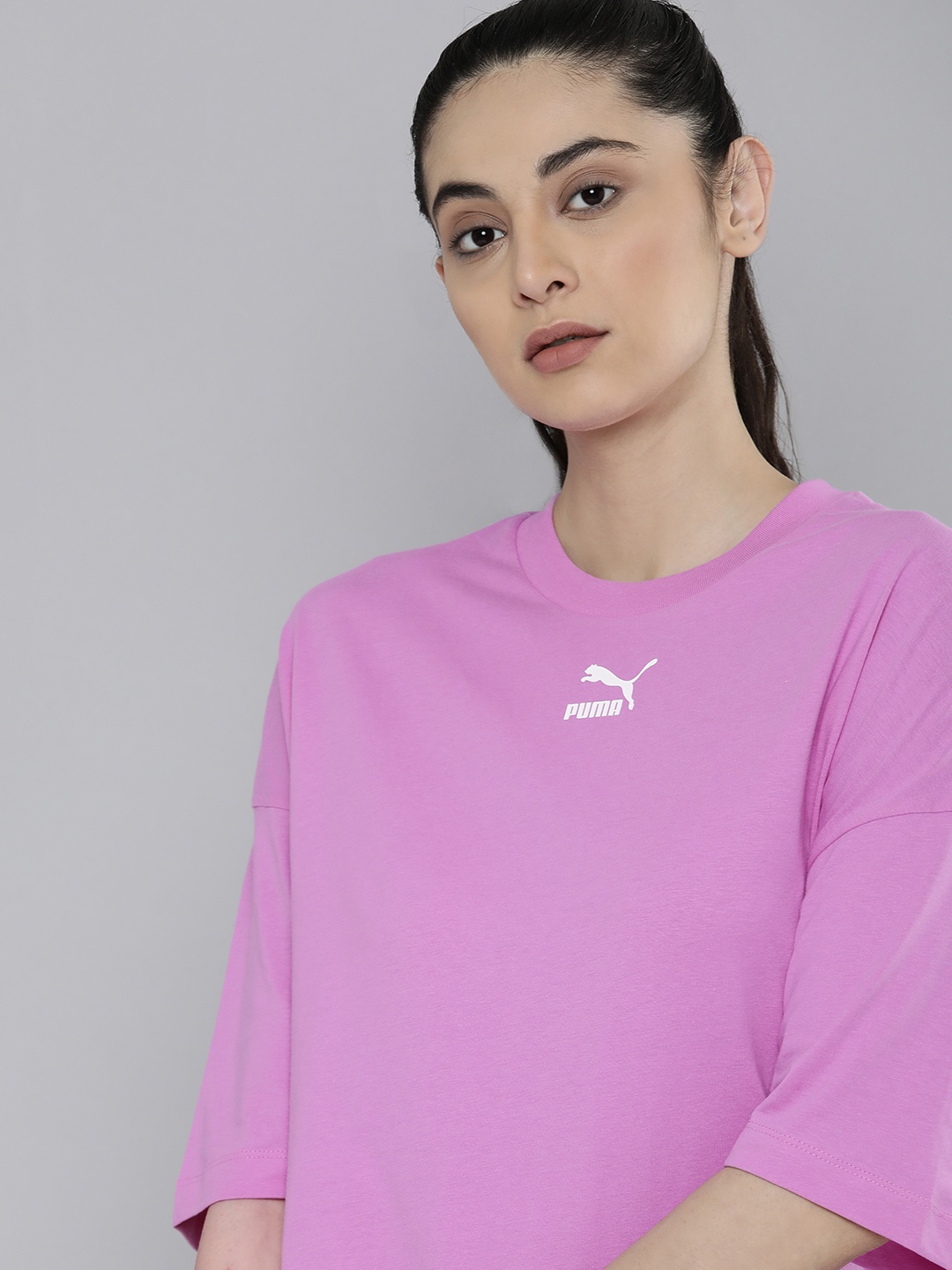 

Puma Women Purple Solid Pure Cotton Drop-Shoulder Sleeves Classics Oversized T-shirt