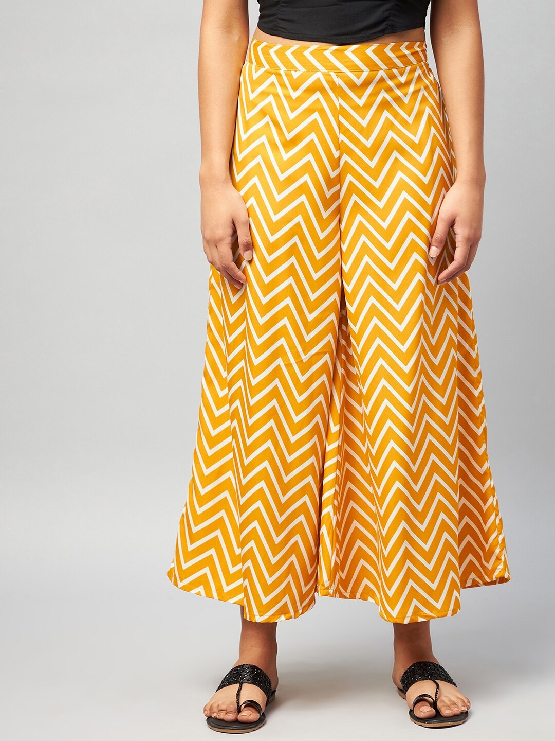 

InWeave Women Mustard Yellow & White Striped Flared Palazzos