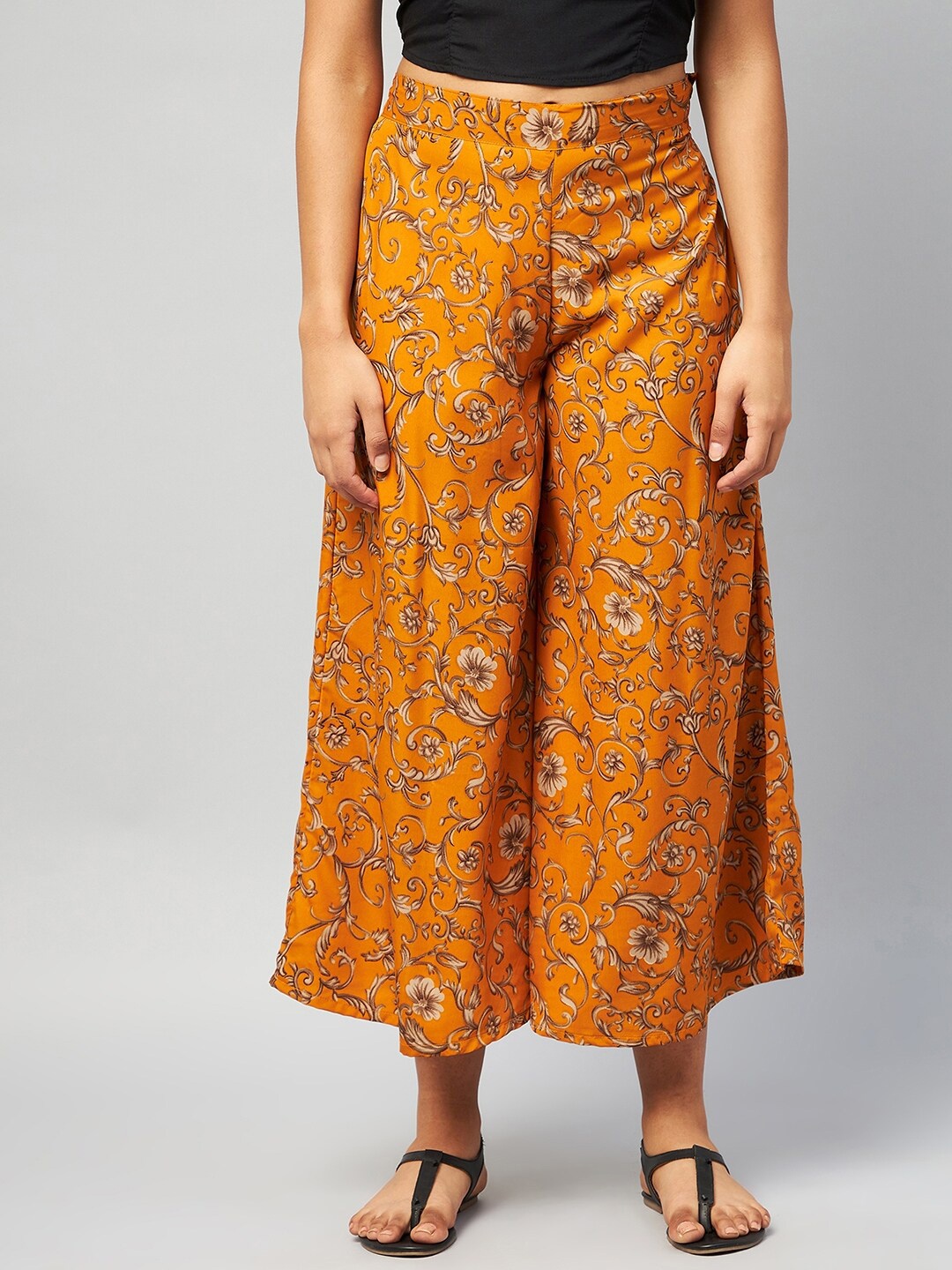 

InWeave Women Mustard Yellow & Cream-Coloured Floral Printed Flared Palazzos