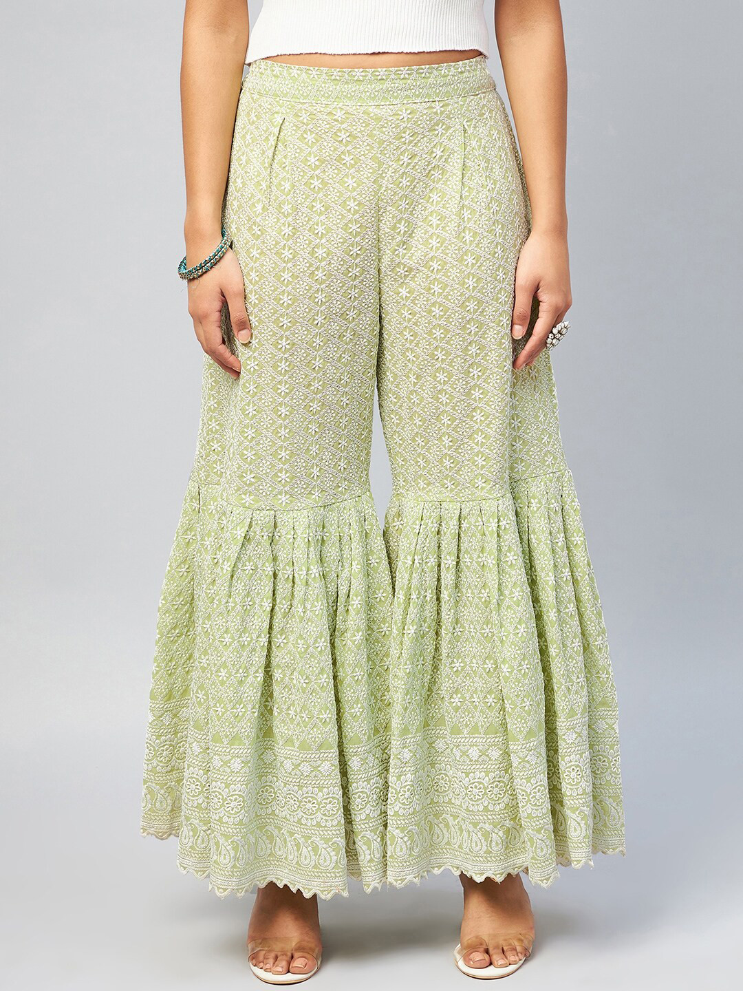 

InWeave Women Green & Off White Floral Flared Ethnic Palazzos