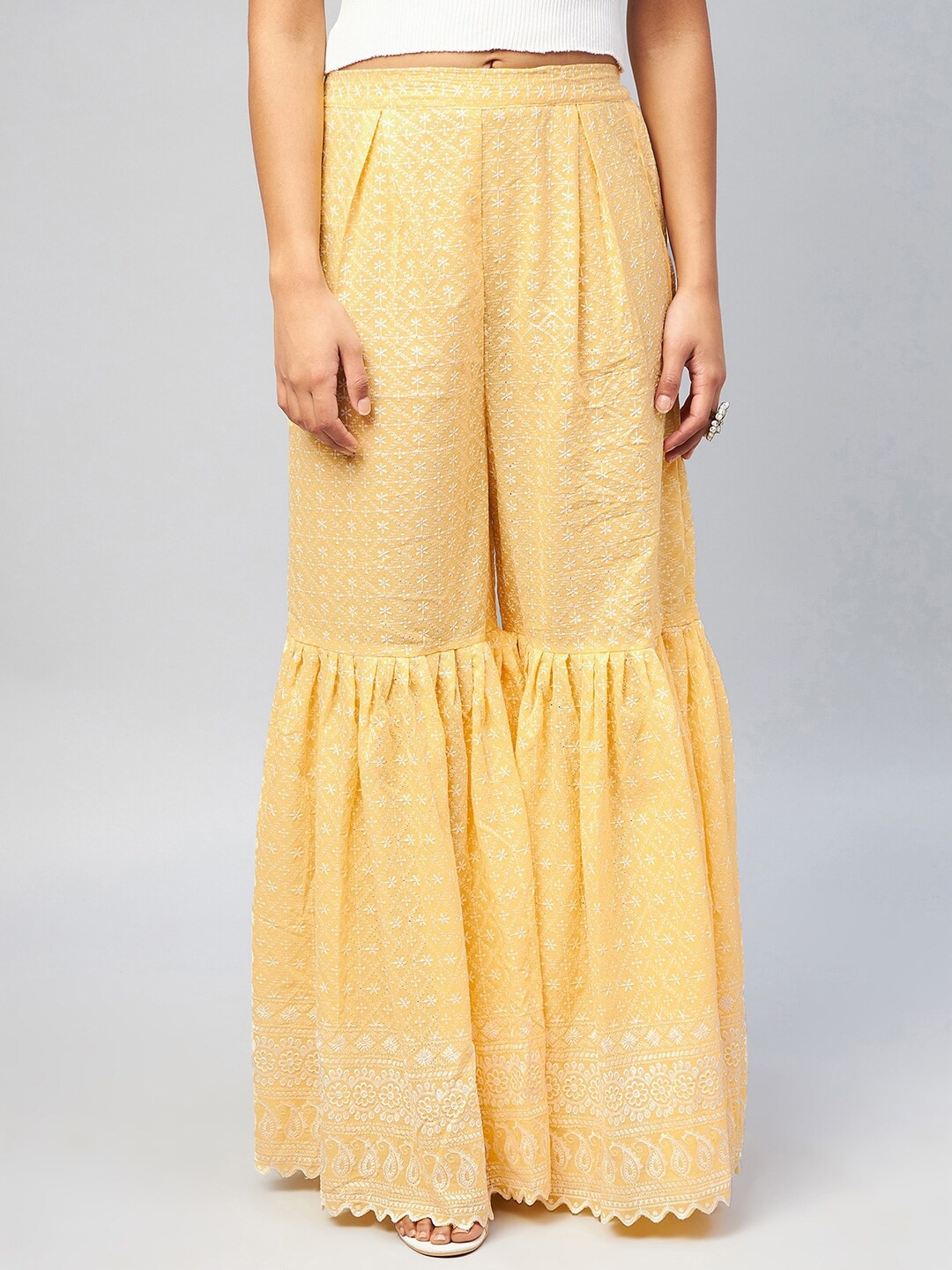 

InWeave Women Yellow Floral Embroidered Flared Ethnic Palazzos