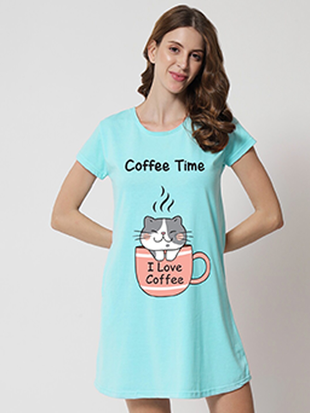 

FFLIRTYGO Turquoise Blue Printed Nightdress