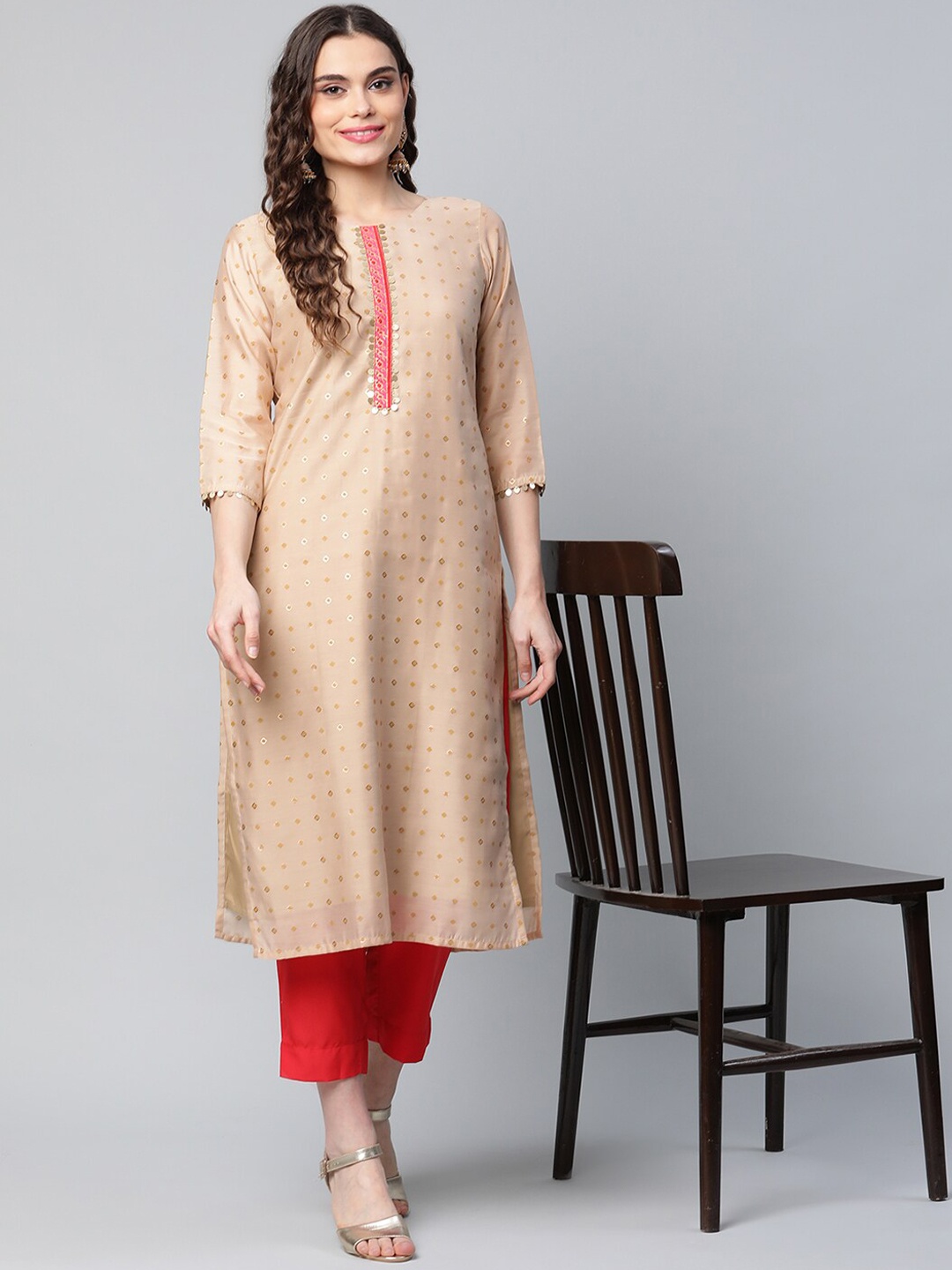 

Ahalyaa Women Tan Printed Gotta Patti Chanderi Silk Kurta with Trousers