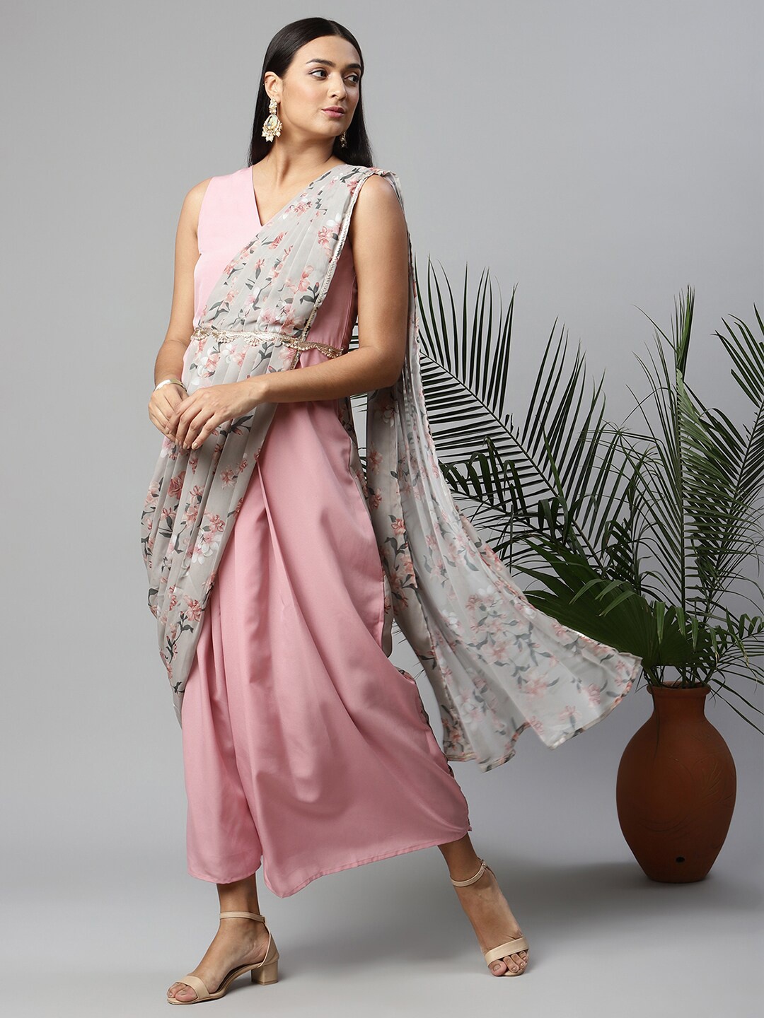 

Ahalyaa Pink & Taupe Floral Maxi Dress