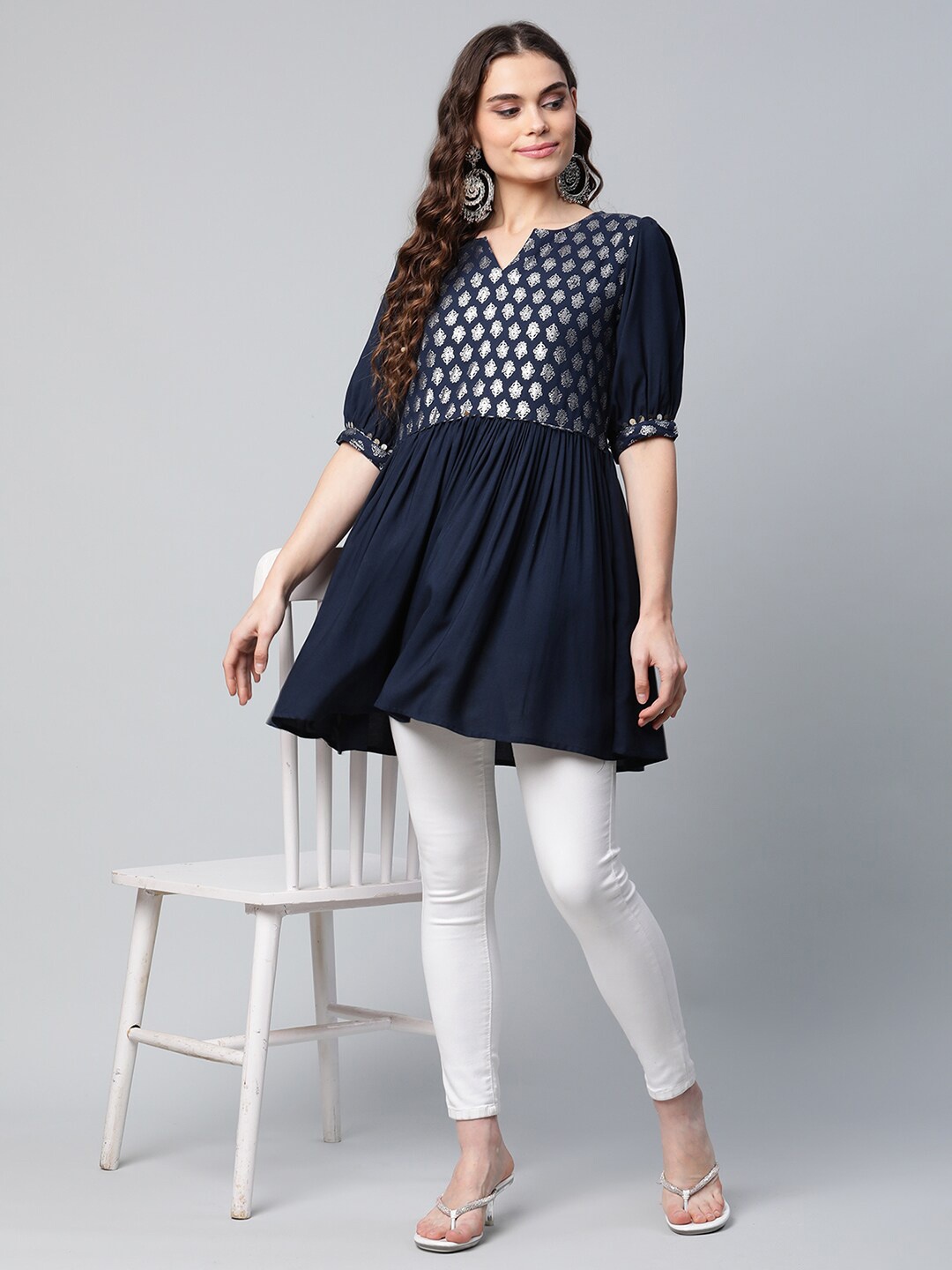 

Ahalyaa Navy Blue & Silver-Toned Rayon Boat Neck Printed Tunic