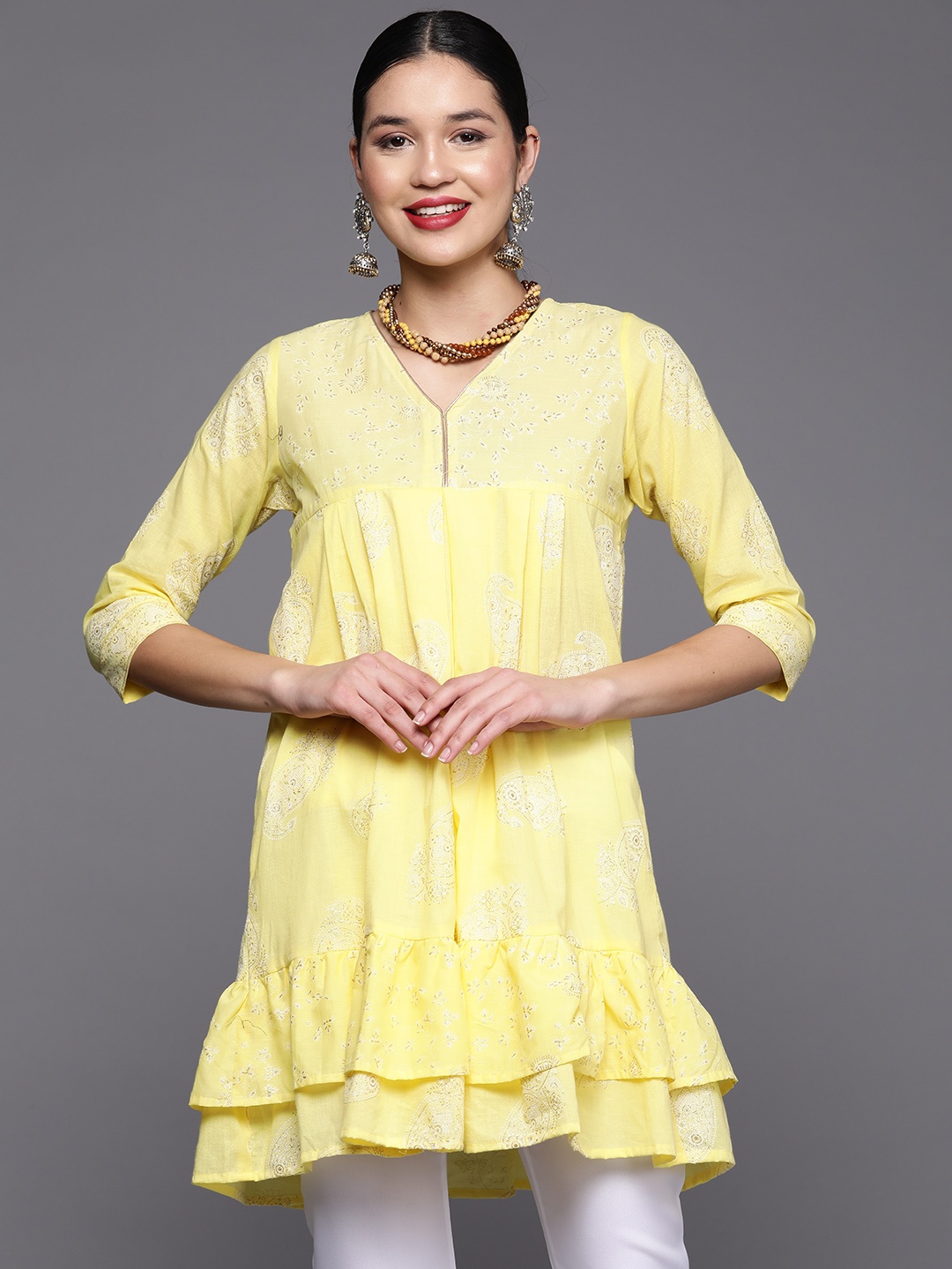 

Ahalyaa Yellow Printed Cotton Top