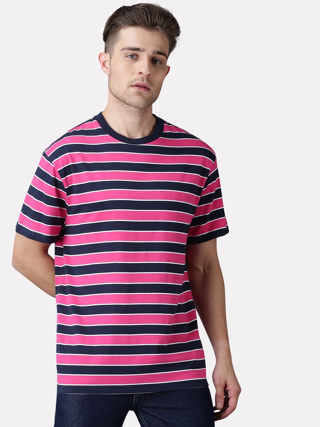 

UrGear Men Pink & dark sapphire Striped Drop-Shoulder Sleeves T-shirt