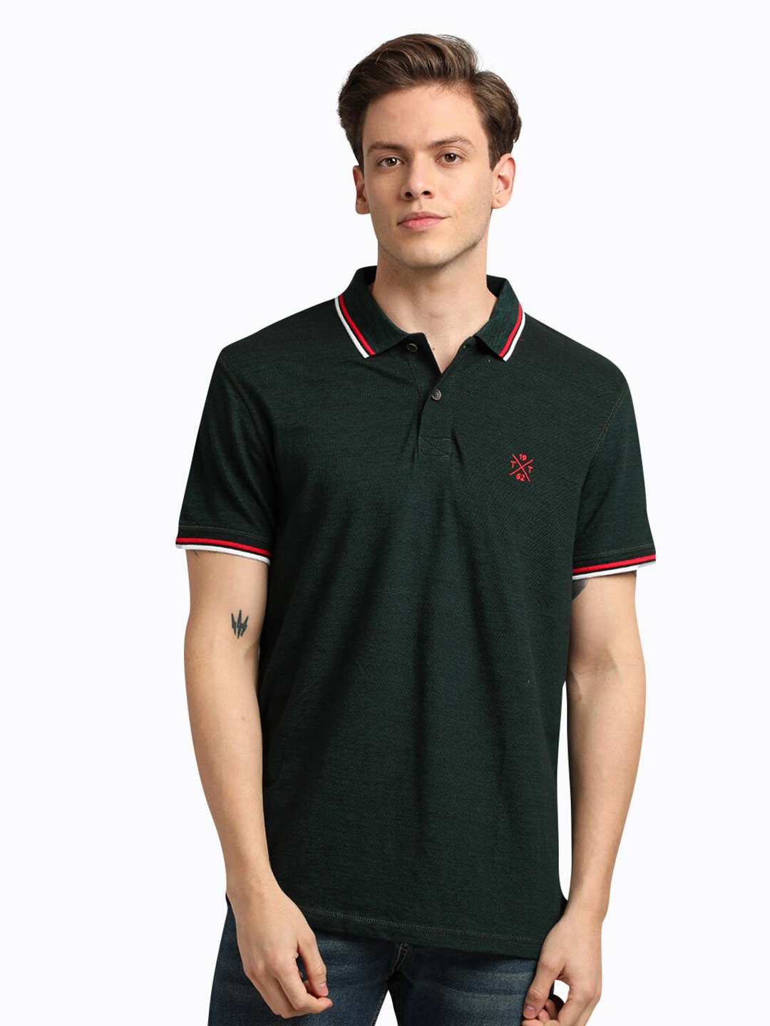 

UrGear Men Green & gunmetal Polo Collar Applique T-shirt
