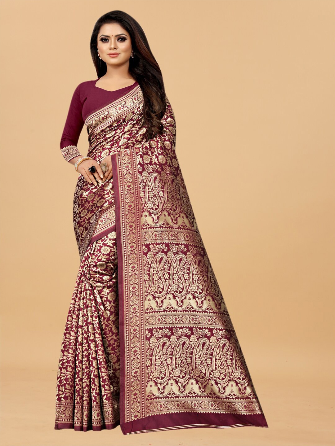 

Hinayat Fashion Maroon & Gold-Toned Woven Design Zari Silk Blend Banarasi Saree