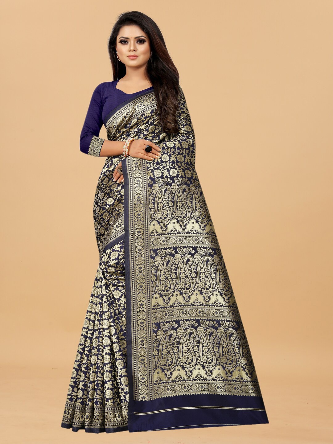 

Hinayat Fashion Blue & Gold-Toned Woven Design Zari Silk Blend Banarasi Saree