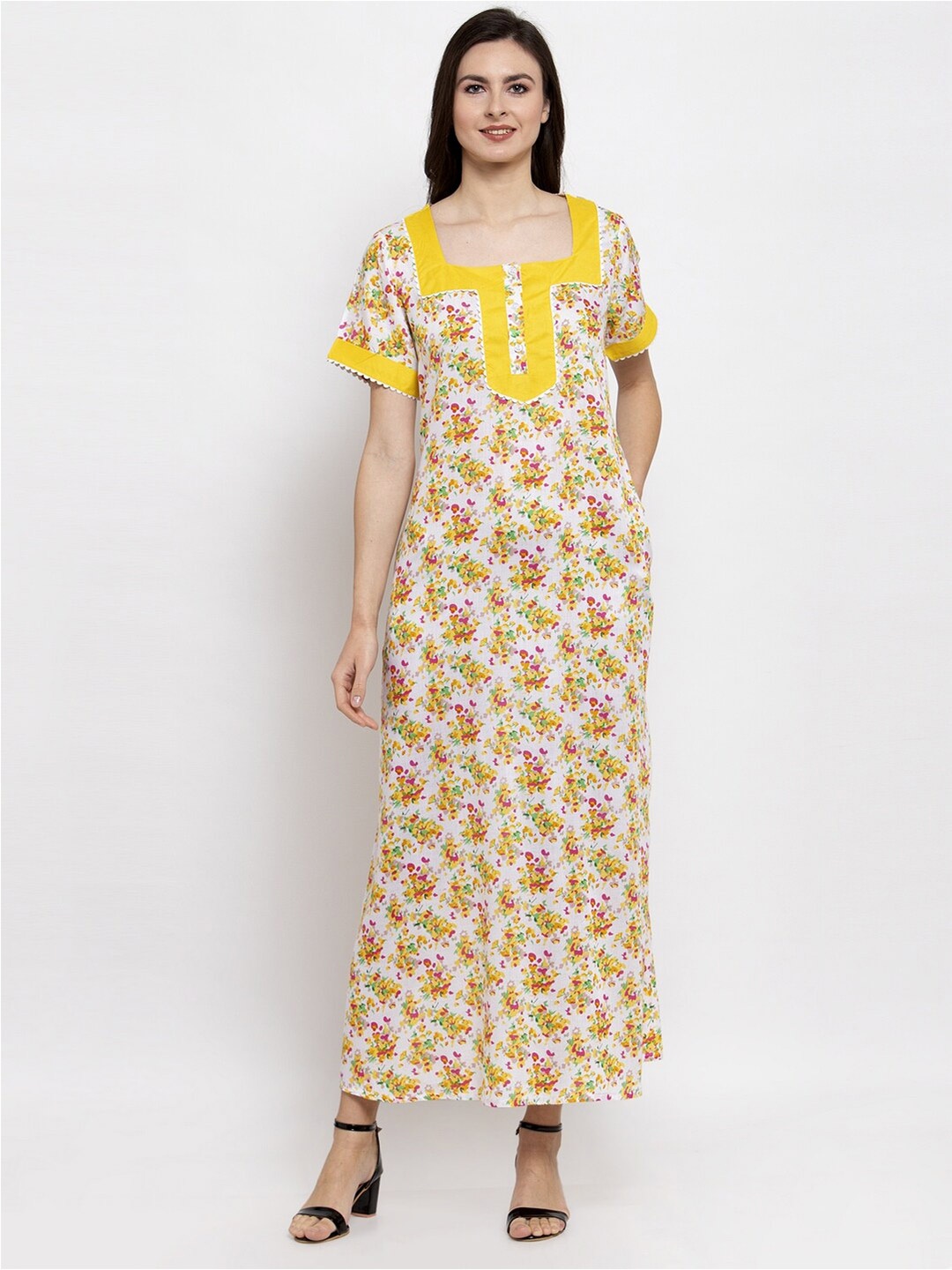 

PATRORNA Women Yellow Printed Maxi Nightdress