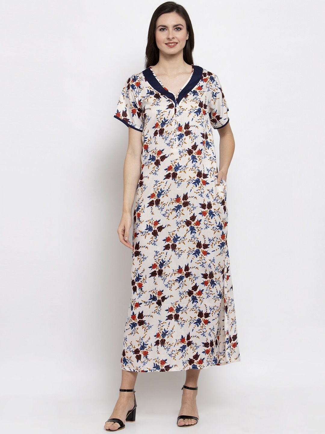 

PATRORNA Cream-Coloured Printed Maxi Nightdress