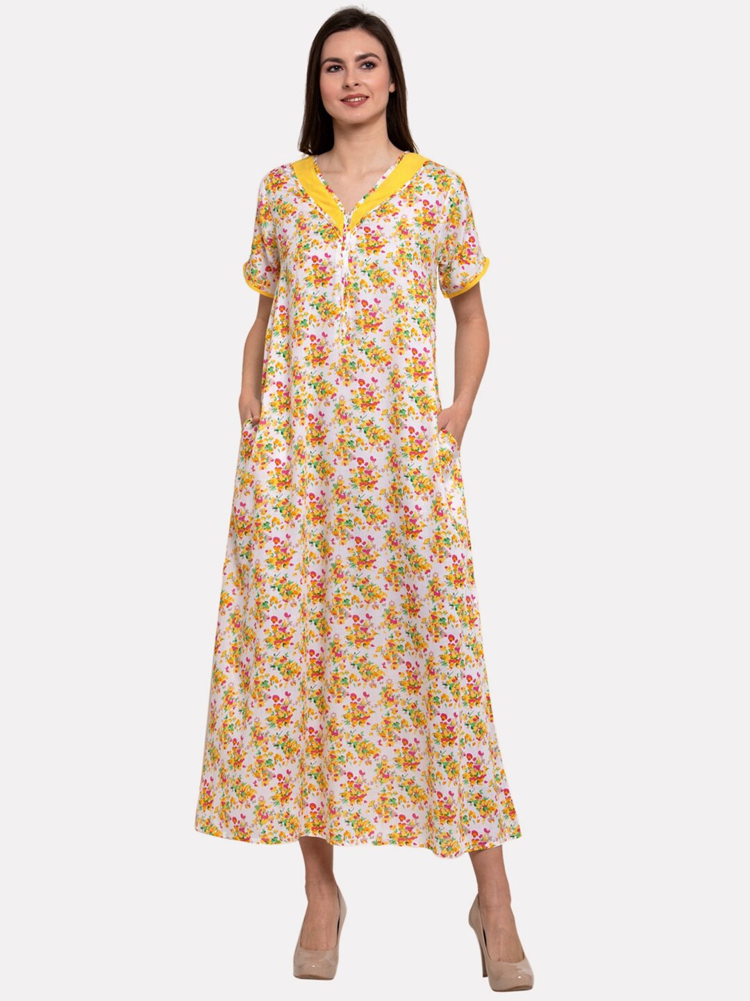 

PATRORNA Women White Printed Maxi Nightdress