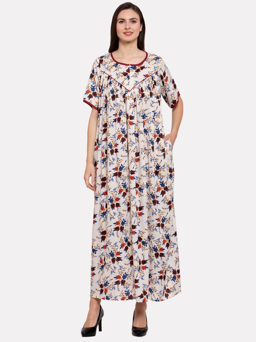 

PATRORNA Cream-Coloured Printed Maxi Nightdress