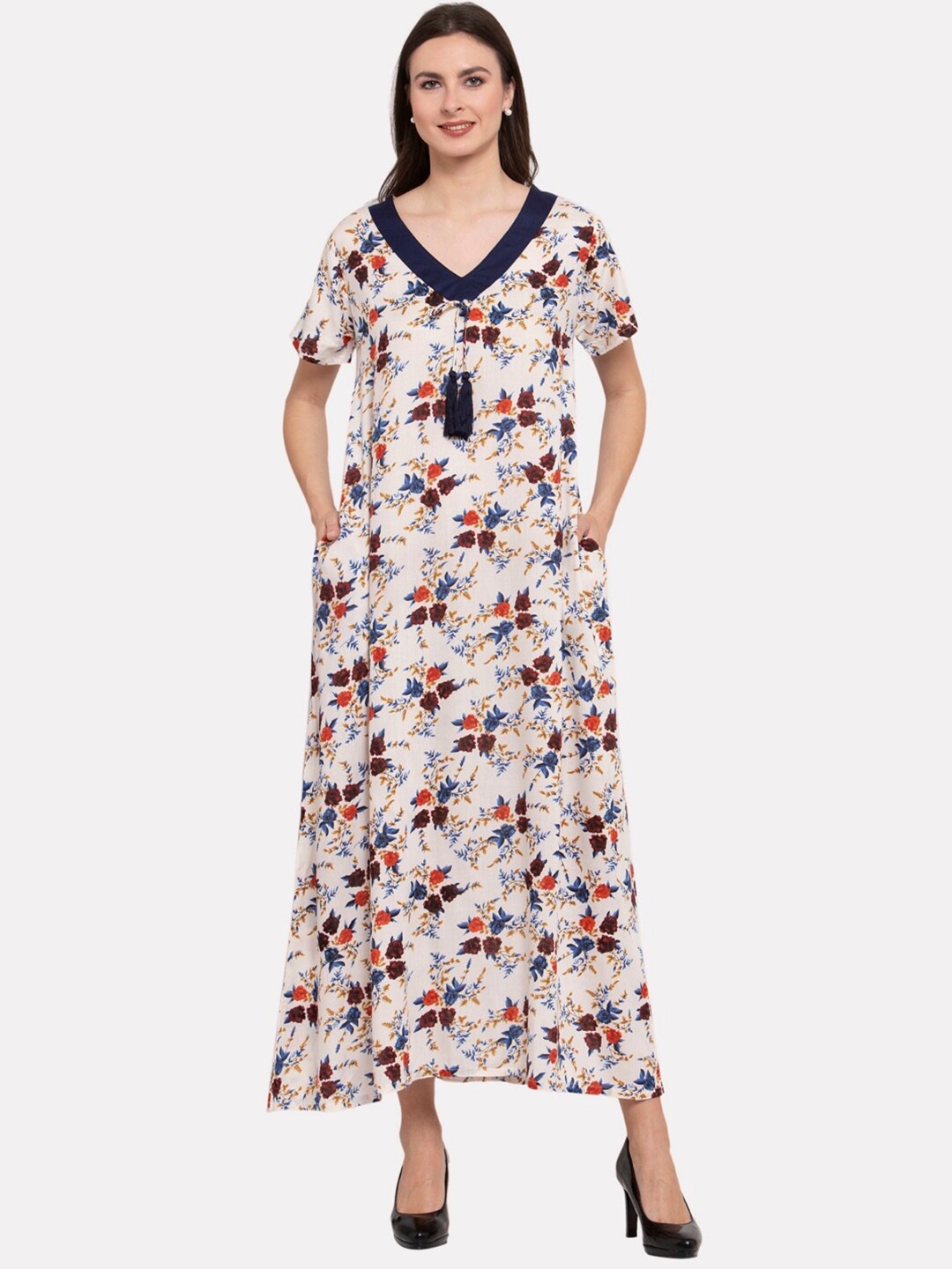 

PATRORNA Off White Printed Maxi Nightdress