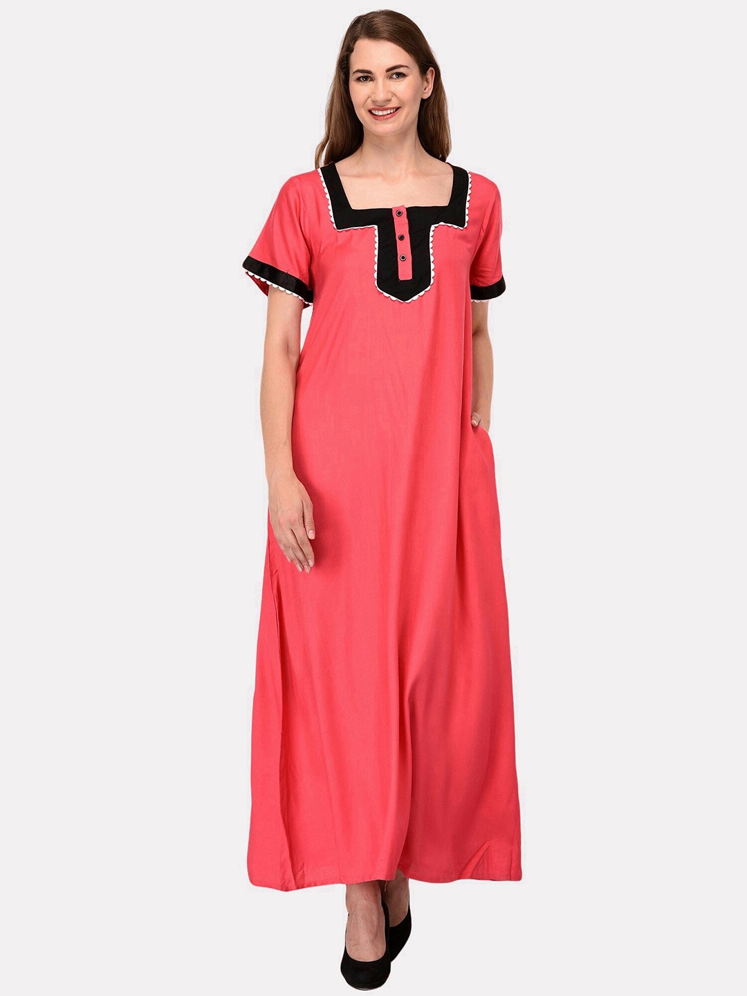 

PATRORNA Women Coral Cotton Blend Maxi Nightdress