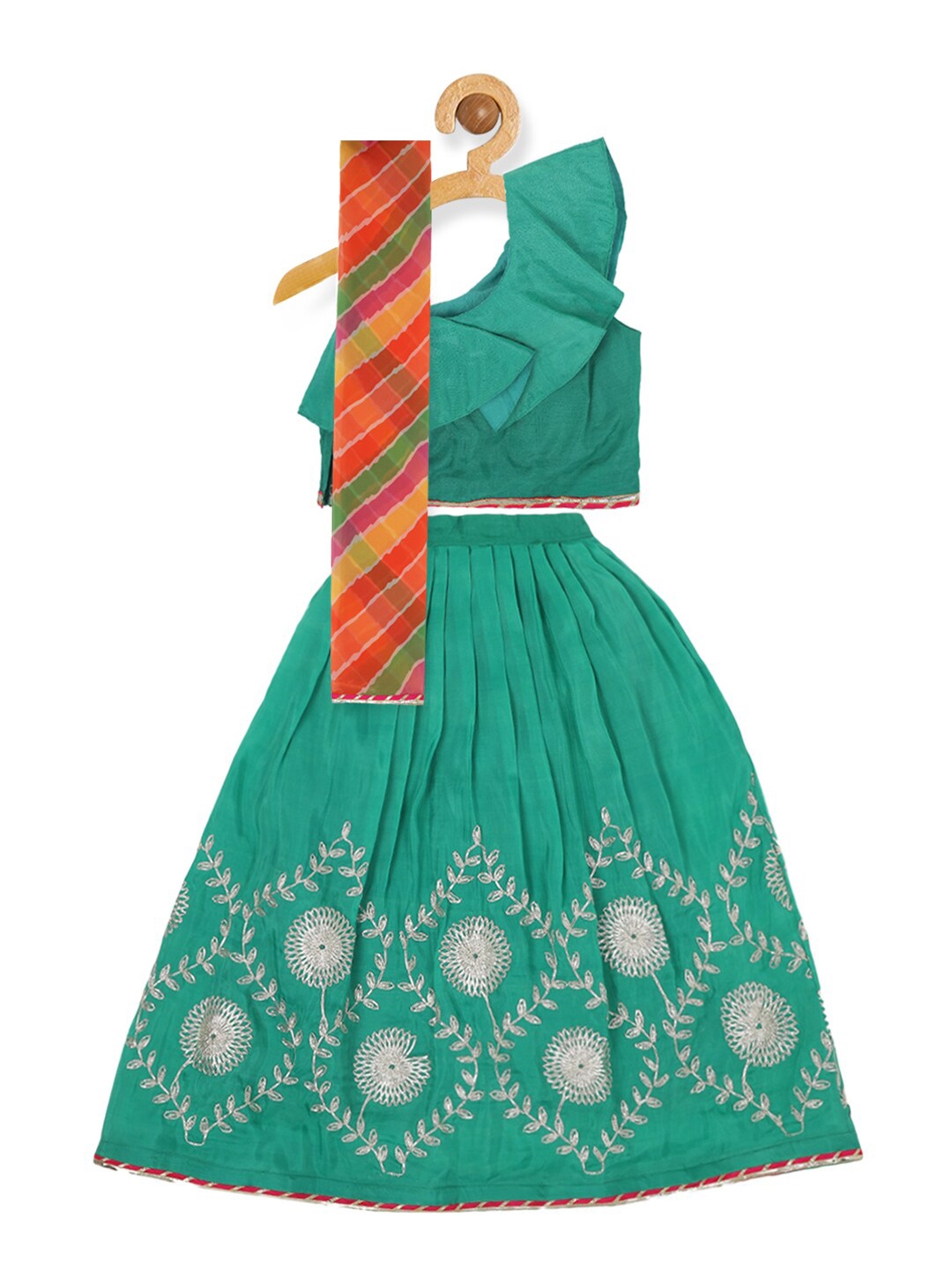 

PICCOLO Girls Green & Orange Ready to Wear Lehenga & Blouse With Dupatta