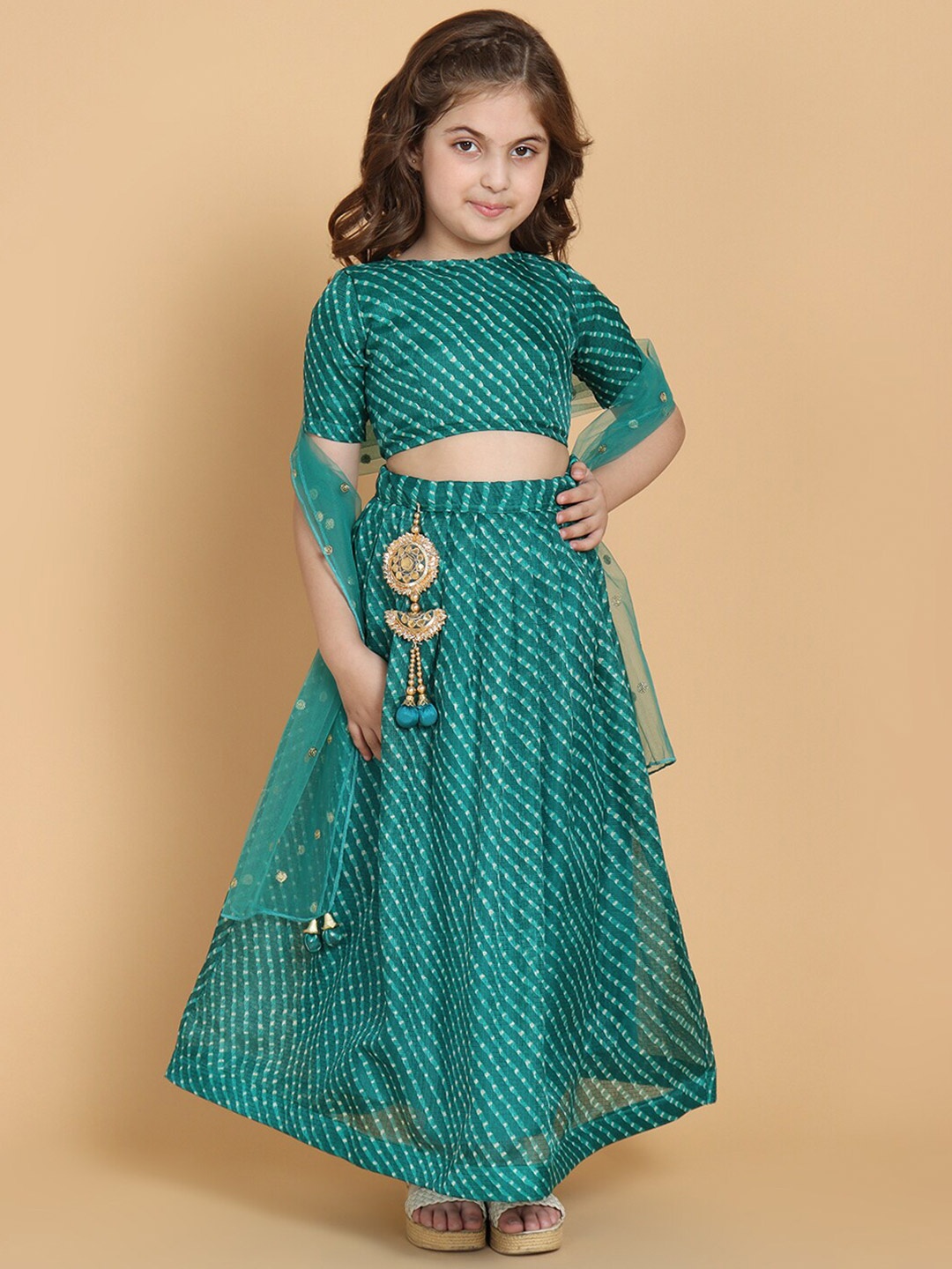 

PICCOLO Girls Green & Off-White Printed Ready to Wear Lehenga & Blouse With Dupatta