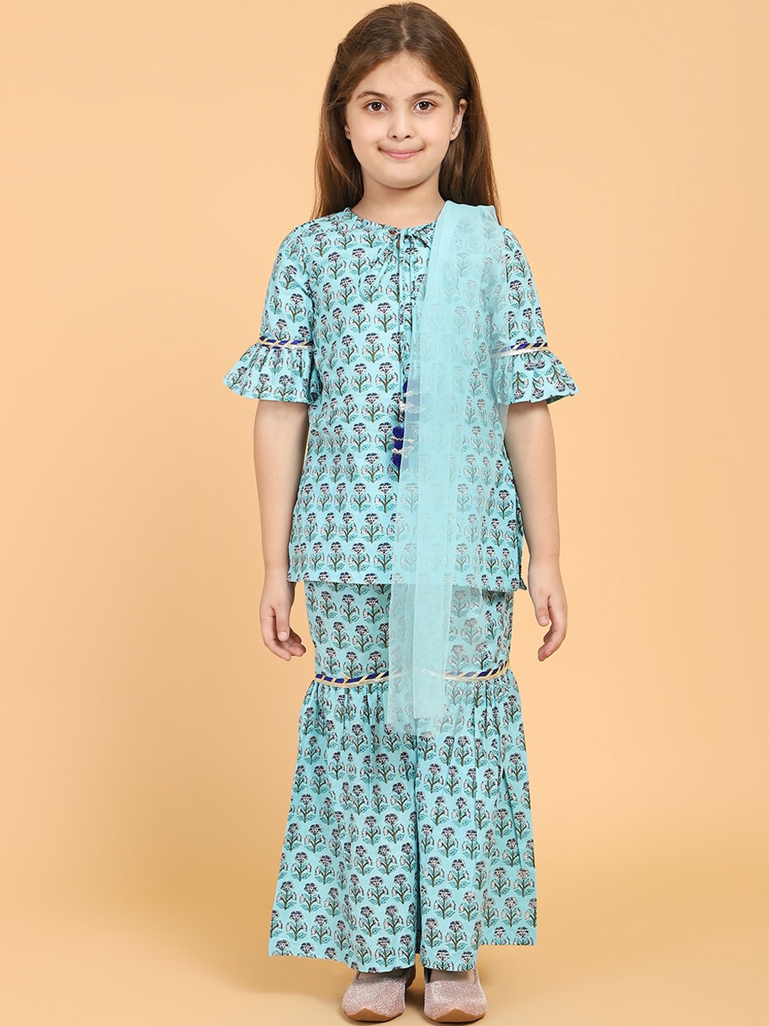 

PICCOLO Girls Blue Ethnic Printed Gotta Patti Pure Cotton Kurti with Sharara & Dupatta