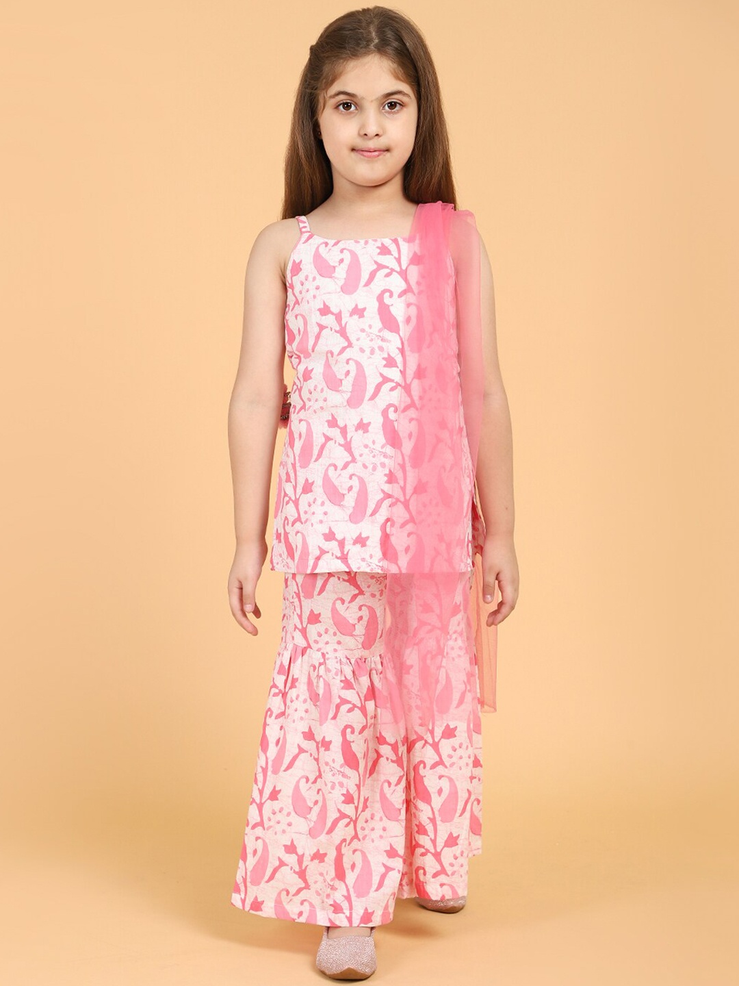 

PICCOLO Girls Pink Floral Embroidered Panelled Pure Cotton Kurti with Sharara & With Dupatta