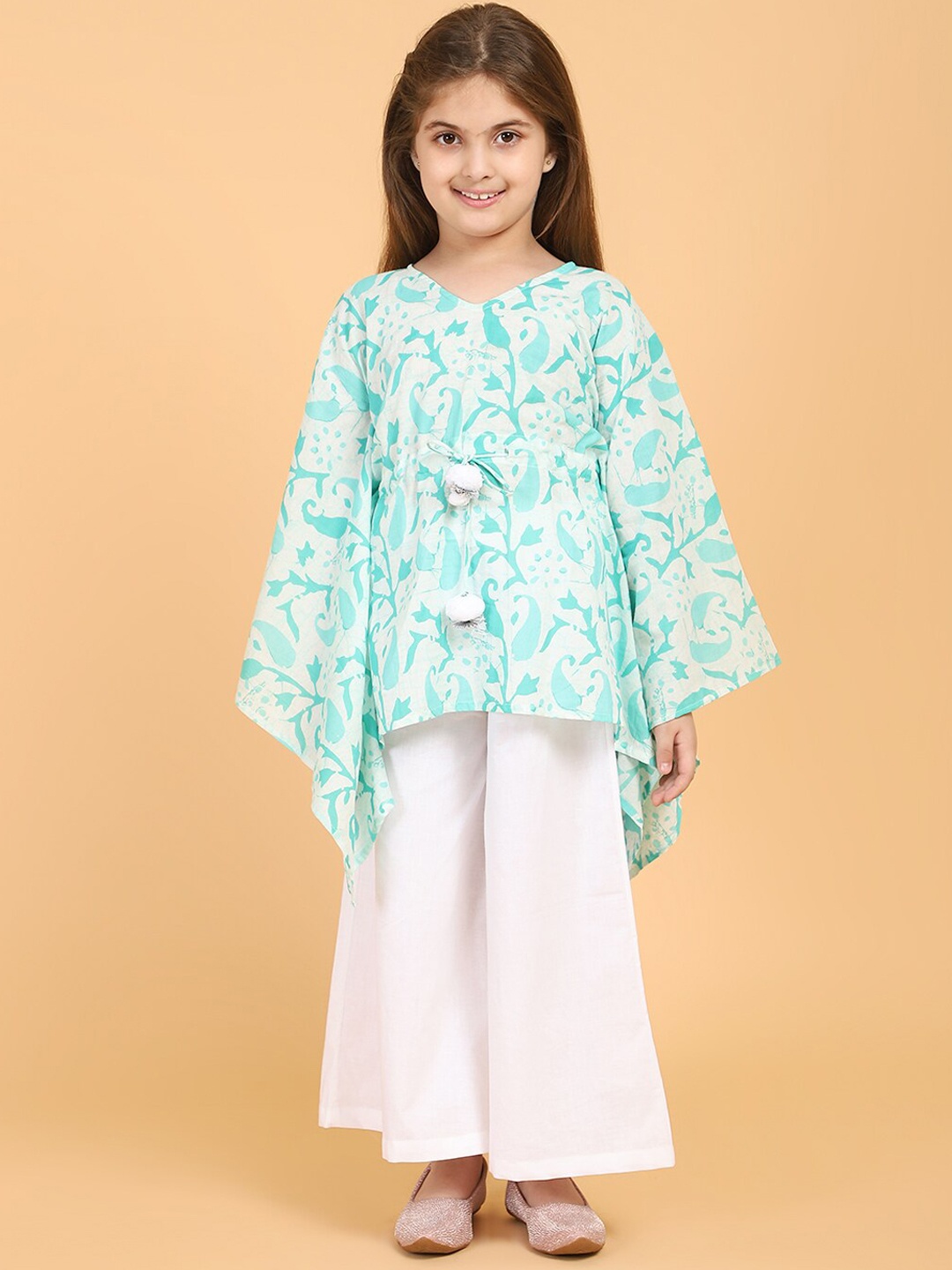 

PICCOLO Girls Green Floral Printed Layered Pure Cotton Kurti with Palazzos